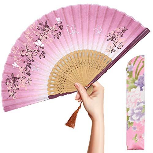 OMyTea OMyTea® 8.27"(21cm) Women Hand Held Silk Folding Fans with Bamboo Frame - with a Fabric Sleeve for Protection for Gifts - Chinese/Japanese Style Butterflies and Morning Glory Flowers Pattern (Red)