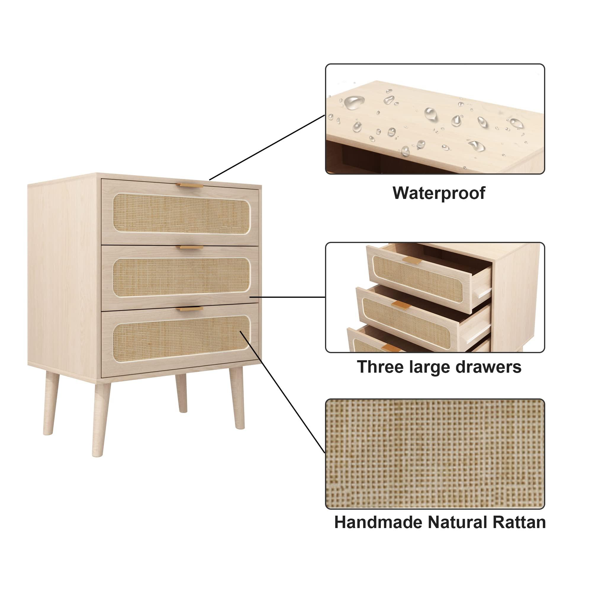 QHITTY QHITTY Drawer Dresser, Rattan Chest of Drawers with 3 Drawers Dresser, Accent Storage Cabinet Modern Bedside Table for Living Room, Bedroom, Entryway (Natural)
