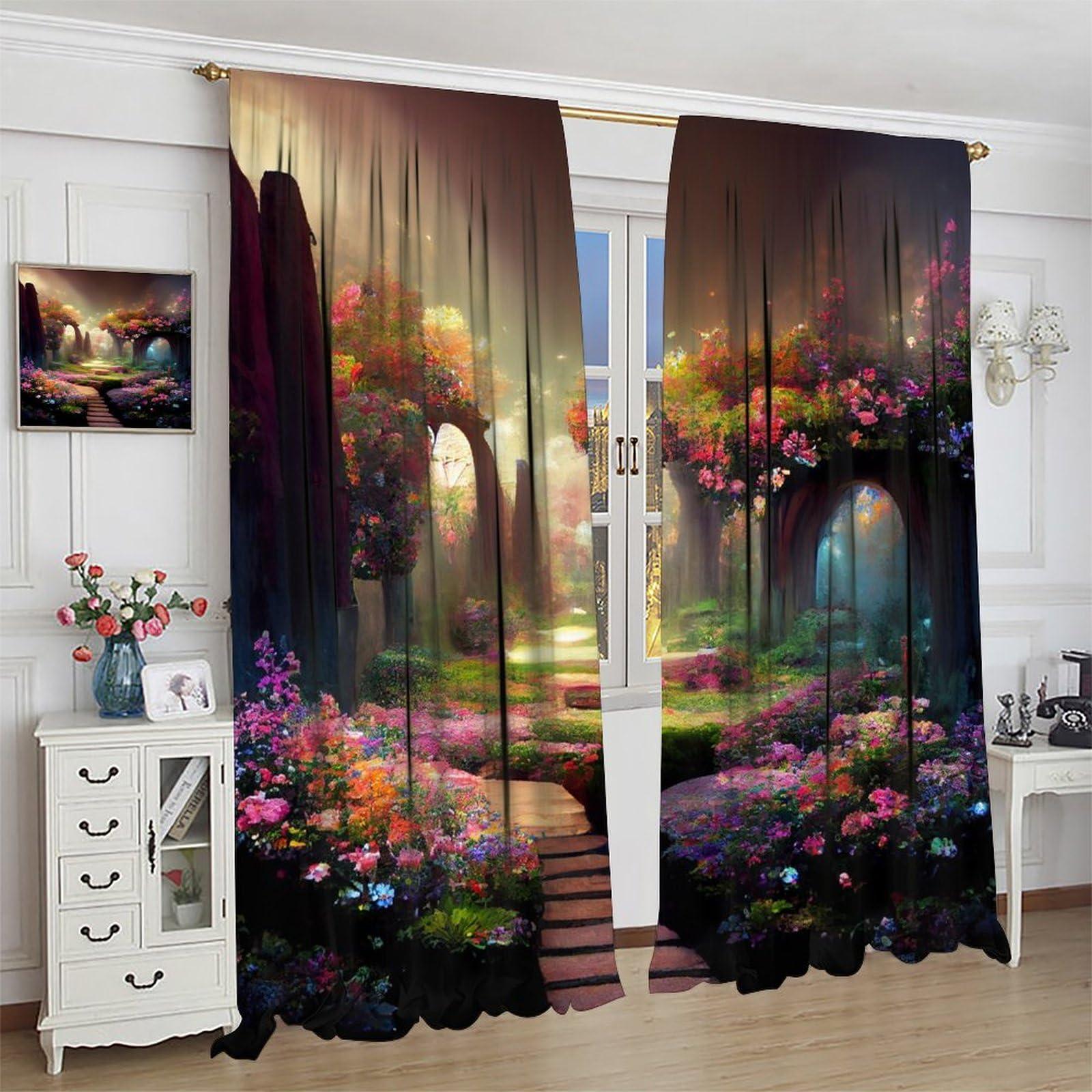 DDCBNS DDCBNS Magical Garden Windows Curtains,Fantasy Forest Window Treatments for Bedroom Living Room Dreamland Nature Landscape Flowers Trees Drapes 2 Panels Set,Total Size 84 x 84 Inch