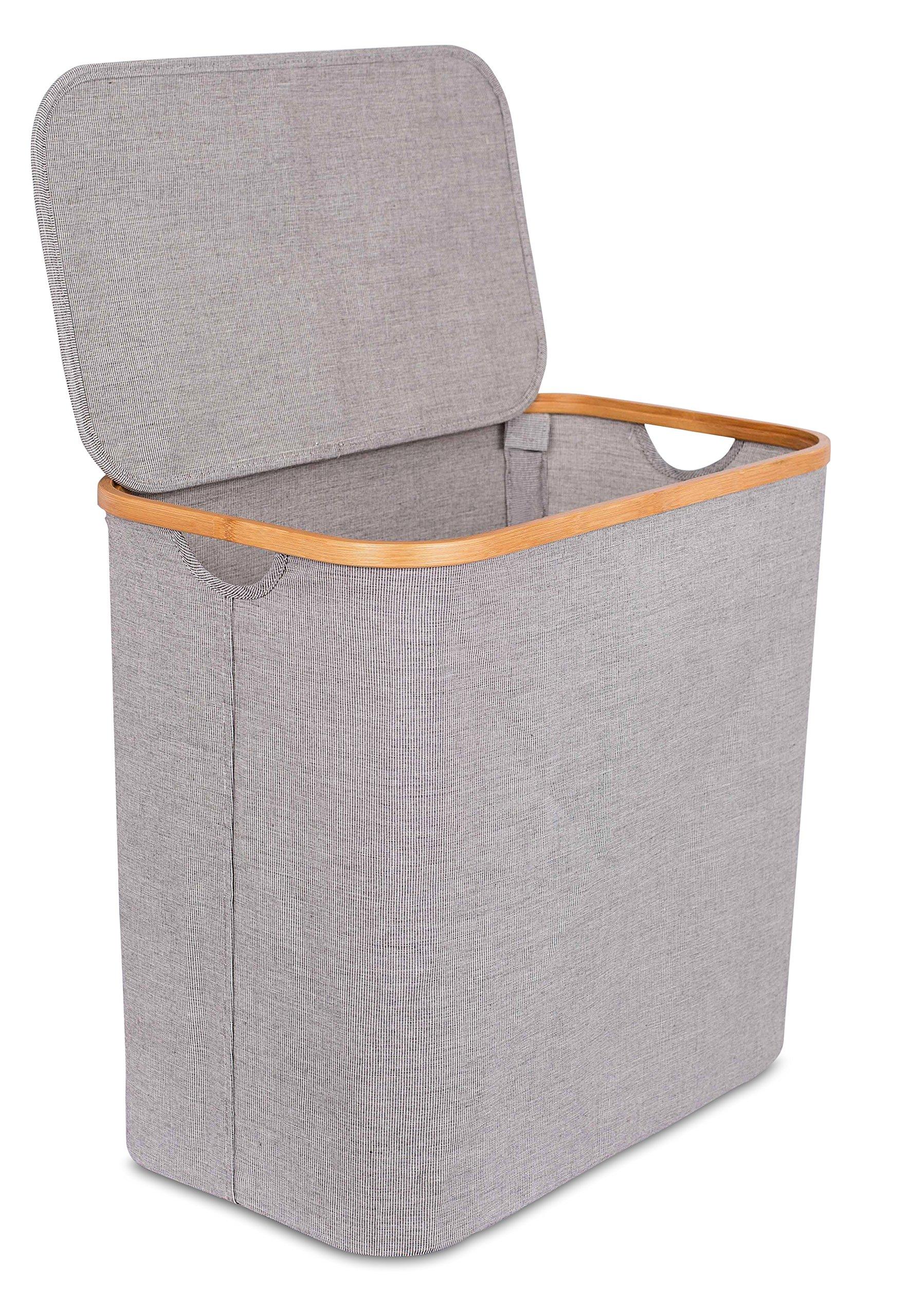 BirdRock Home BIRDROCK HOME Bamboo & Canvas Hamper - Laundry Basket Organizer - Lightweight Foldable Clothing Bin with Lid - Modern Covered Laundry Hamper for Clothes, Bedroom, Bathroom, & Dorm - Grey, Single Lid