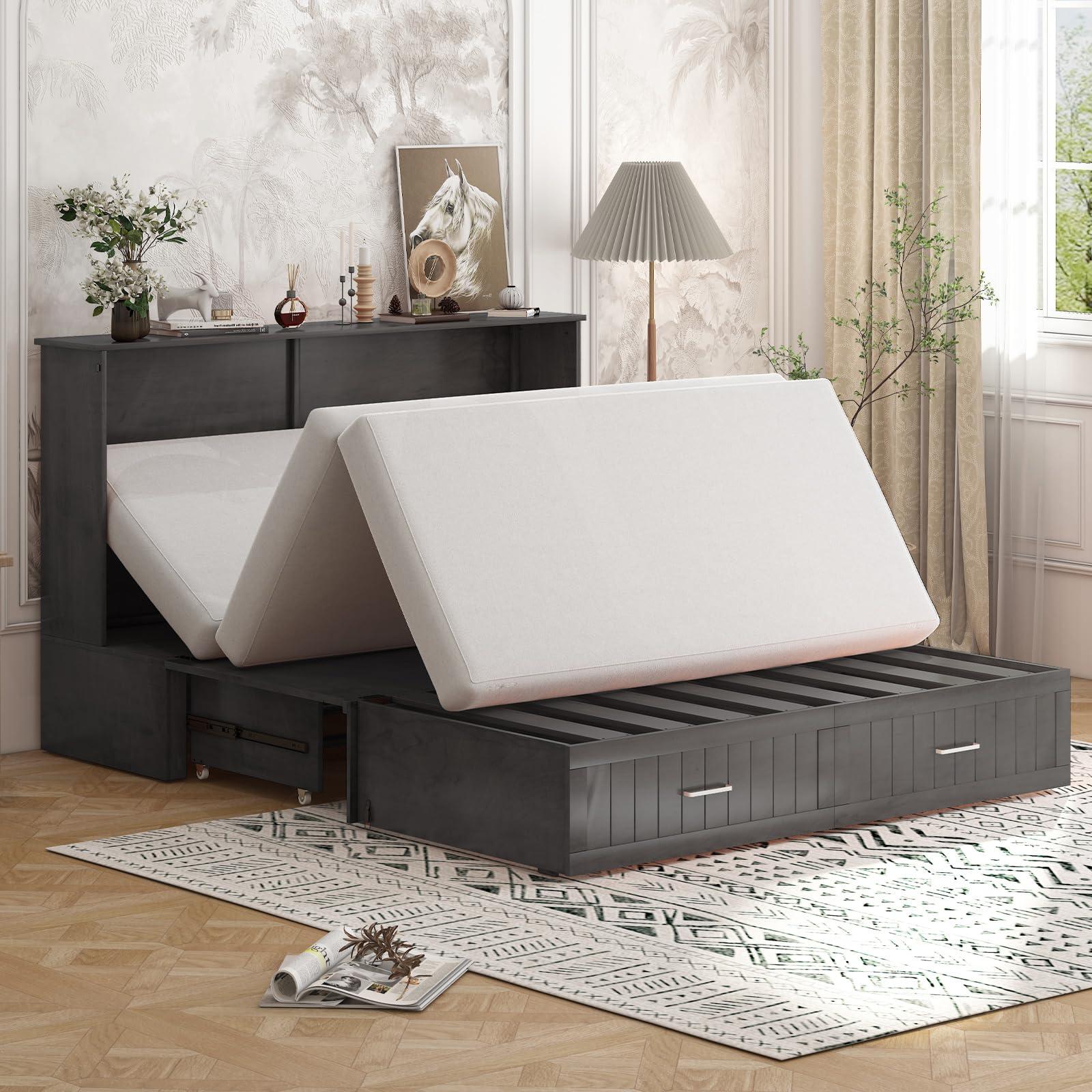 BALUS BALUS 64\" W Murphy Bed Cabinet with Mattress,Murphy Bed Queen,Modern Muti-Functional Cube Cabinet Bed 2 Large Drawers&3 Level Folding Foam Mattress for Living Room/Apartment/Loft (Stone Grey)