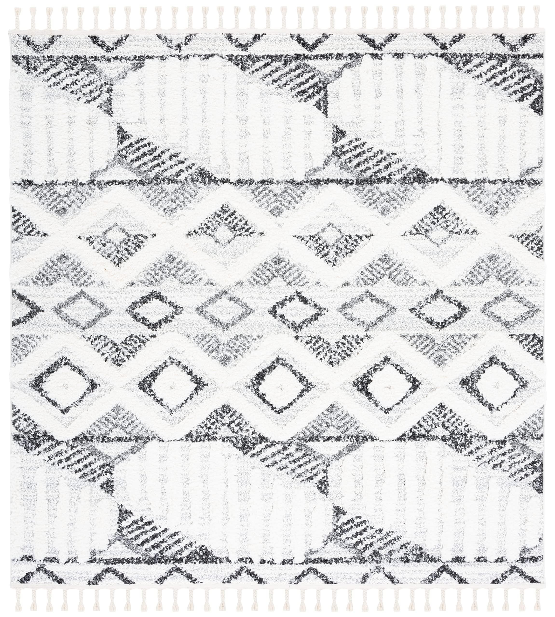Safavieh SAFAVIEH Moroccan Tassel Shag Collection Area Rug - 6'7" Square, Ivory & Grey, 2-inch Thick Ideal for High Traffic Areas in Living Room, Bedroom (MTS618A)