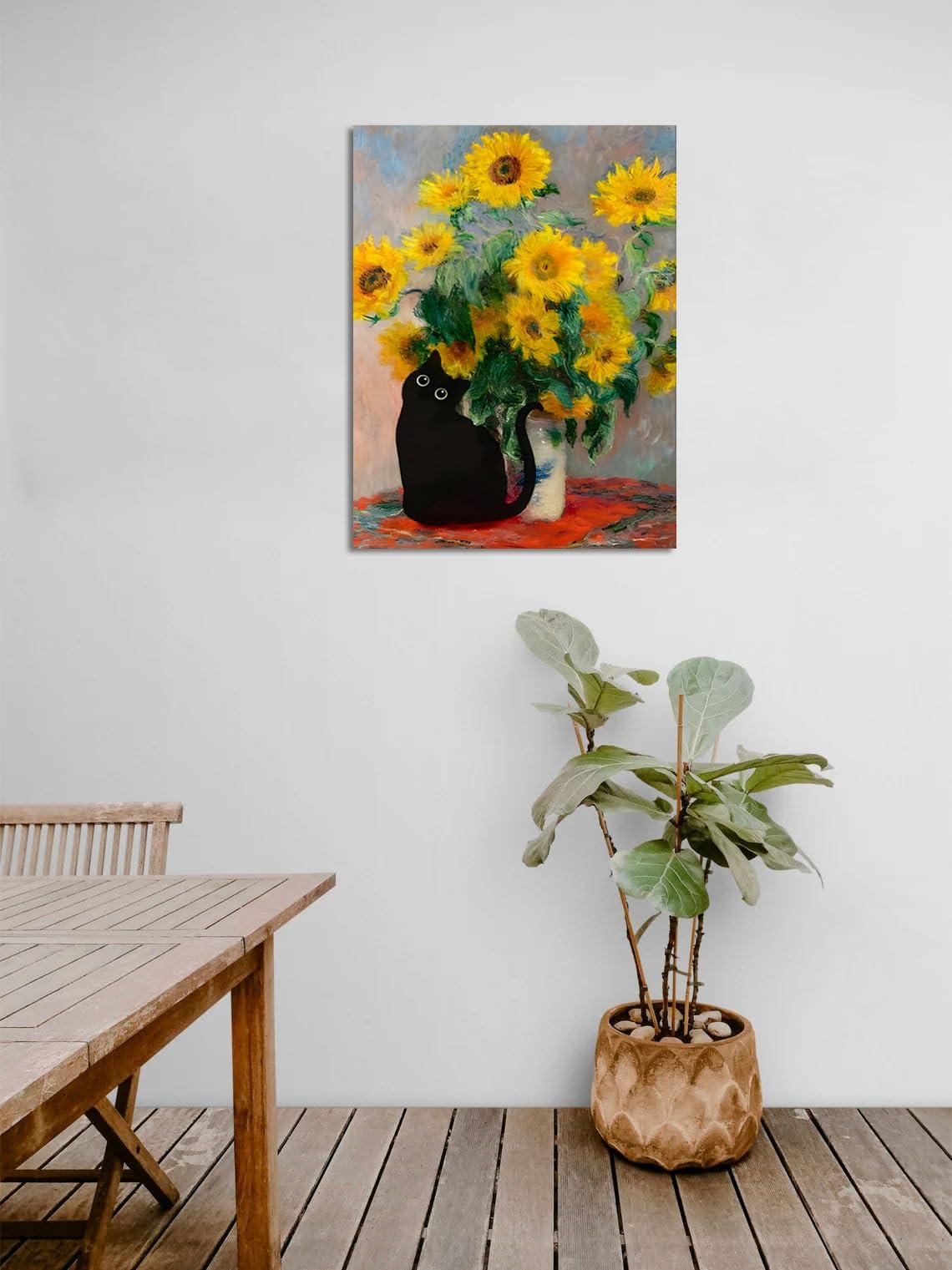 FOSULA Monet Cat Wall Art - Claude Monet Cat Wall Art Prints - Cat Monet Art - Monet Sunflowers Cat Canvas Print - Claude Monet Cat Poster - Monet Sunflowers Cat Wall Decor - Framed Ready to Hang