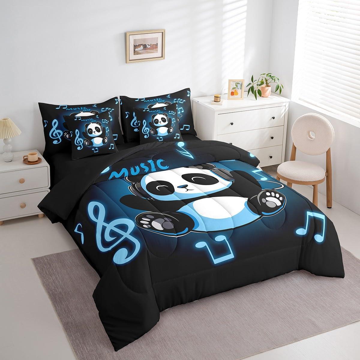 Erosebridal Erosebridal Kids Panda Bed in A Bag King Cute Black White Music Giant Panda Comforter Set 7 Piece for Boys Girls,Headset Musical Note Bedding Set Animal Bear Cat Bed Sheets with Comforter