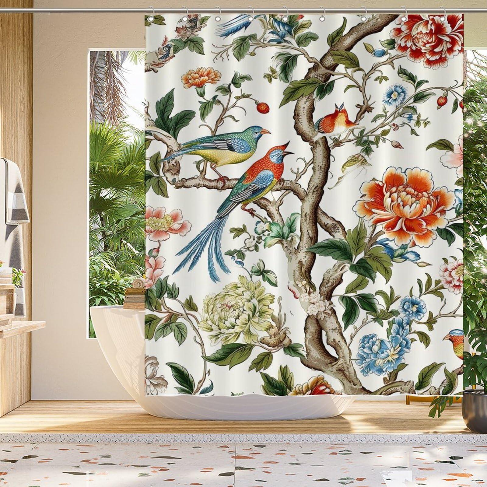 MangGou MangGou Asian Scenic Chic Chinoiserie Shower Curtain 60x72inch Bird in Peony Tree Coral Flower Polyester Bath Curtain with Hooks Red Peony Flower Animal Bird Waterproof Bathroom Shower Curtain