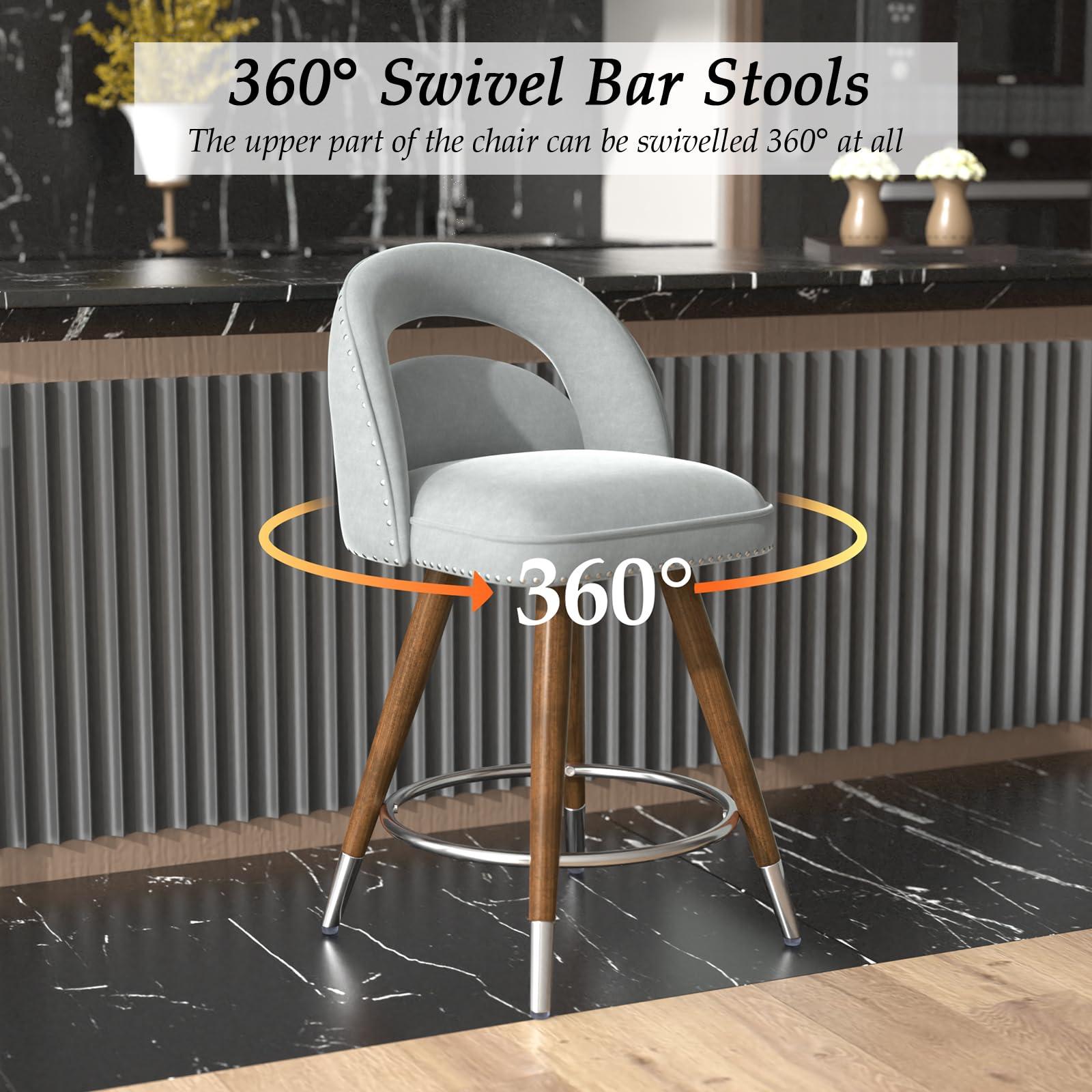 GYI GYI Counter Height Bar Stools Set of 2, 24 Inch Swivel Velvet Counter Stools with Backs, Solid Wood Legs for Kitchen Island, Velvet in Light Grey