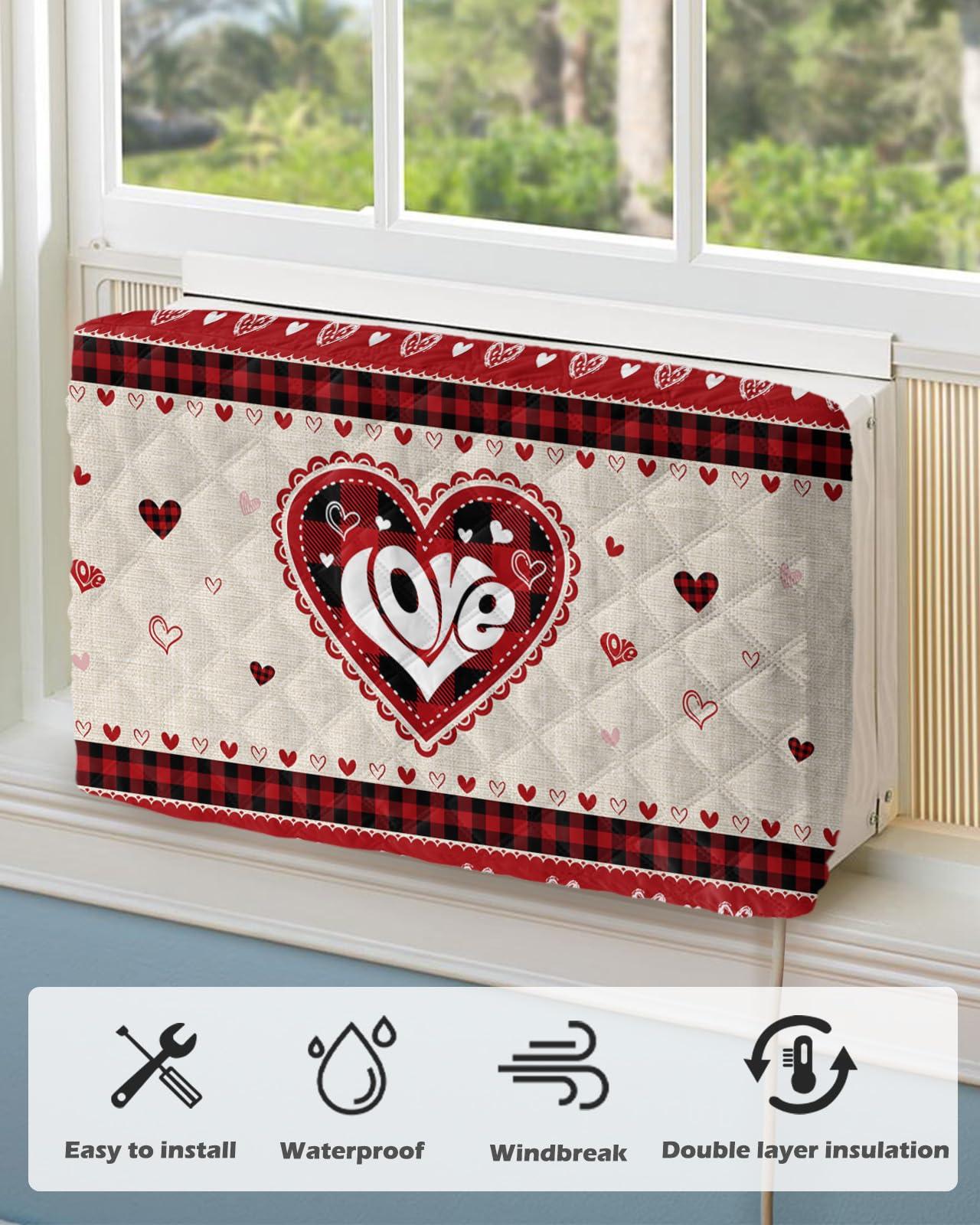Yukro Indoor Air Conditioner Cover, Valentine's Day Love Heart Buffalo Plaid Linen Texture Dust-proof Window Air Conditioner Cover, Inside Window AC Unit Cover with Elastic Straps, 28L x 20H x 3.5D