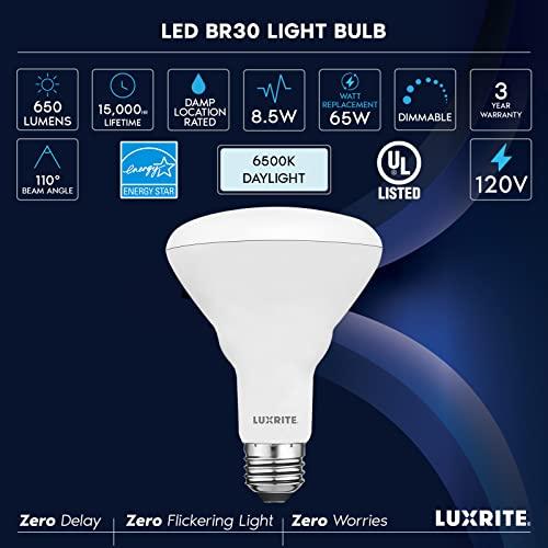 LUXRITE LUXRITE 12-Pack BR30 LED Bulb, 65W Equivalent, 6500K Daylight, Dimmable, 650 Lumens, LED Flood Light Bulbs, 8.5W, Energy Star, E26 Medium Base, Damp Rated, Indoor/Outdoor - Living Room and Kitchen