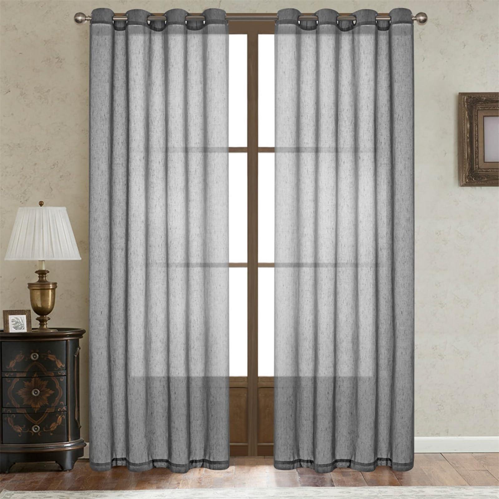 LOYOLADY LOYOLADY Sheer Linen Sheer Curtains for Bedroom, Grey Sheer Curtains 96 inches Long, Grommet Farmhouse Sheer Curtains for Living Room, Set of 2 Panels 52" W x 96" L