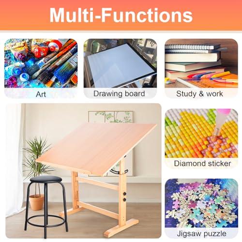 Falling in Art Falling in Art Wooden Drafting Table and Stool Set, 30\" x 42\" Adjustable Height and Angle Solid Wood Drawing Desk for Adults, Artist Craft Table for Painting Artwork, Reading, and Writing