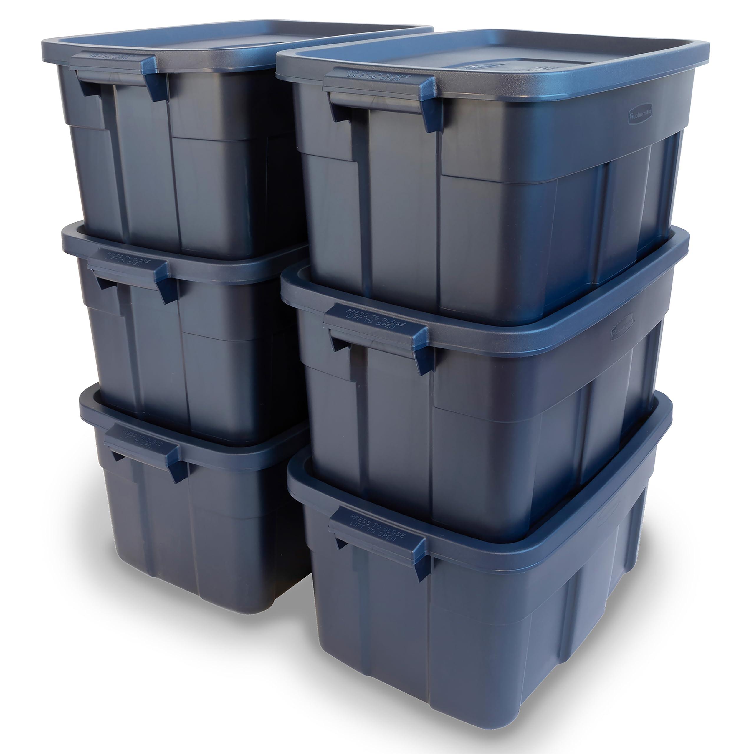 Rubbermaid Rubbermaid Roughneck Tote 14 Gal, 6 Pack, Made in USA, Dark Indigo Metallic, Rugged Plastic Stackable Storage Bins with Lids and Handles
