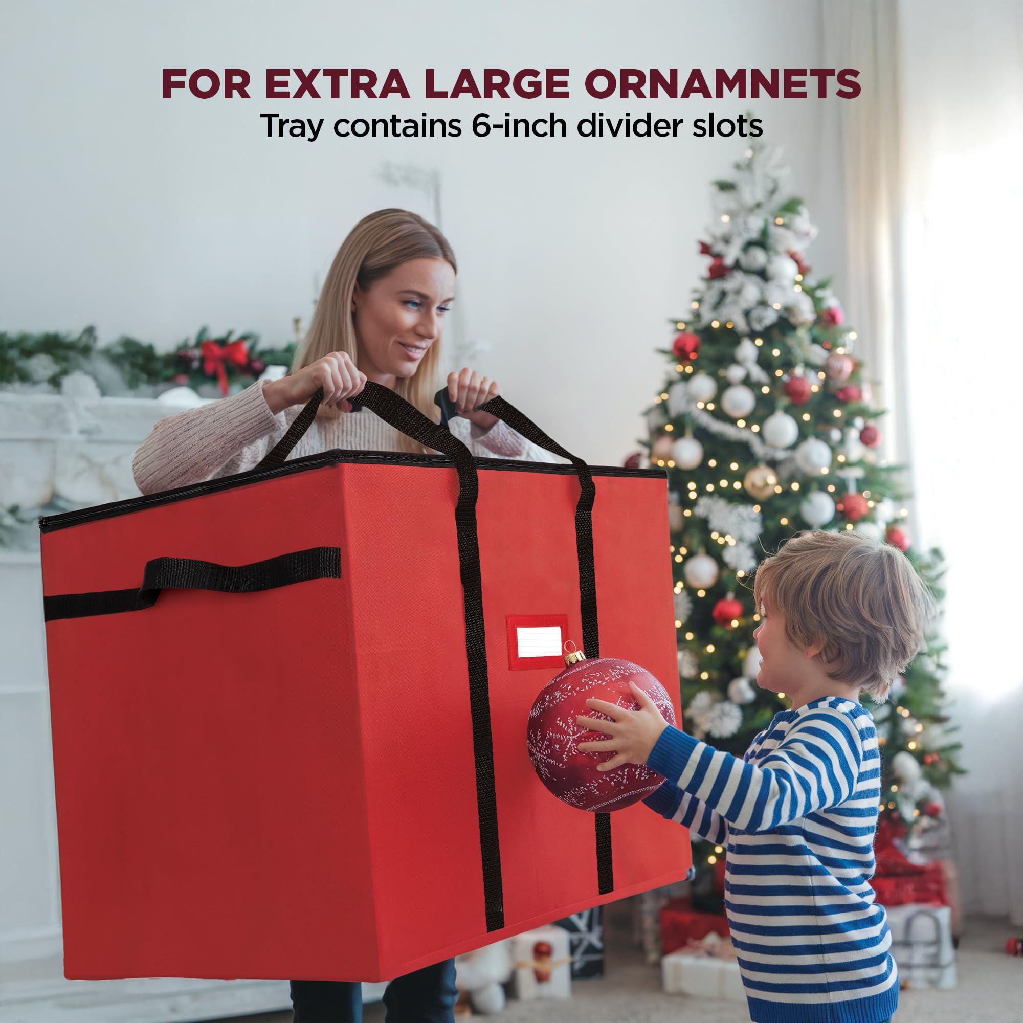 HOLDN STORAGE Christmas Extra Large Ornament Storage Container - Box Stores Up to 48 6 Ornaments With 4 Individual Trays -Heavy Duty 600D Tear Resistant Material, Zippered, Adjustable Dividers.