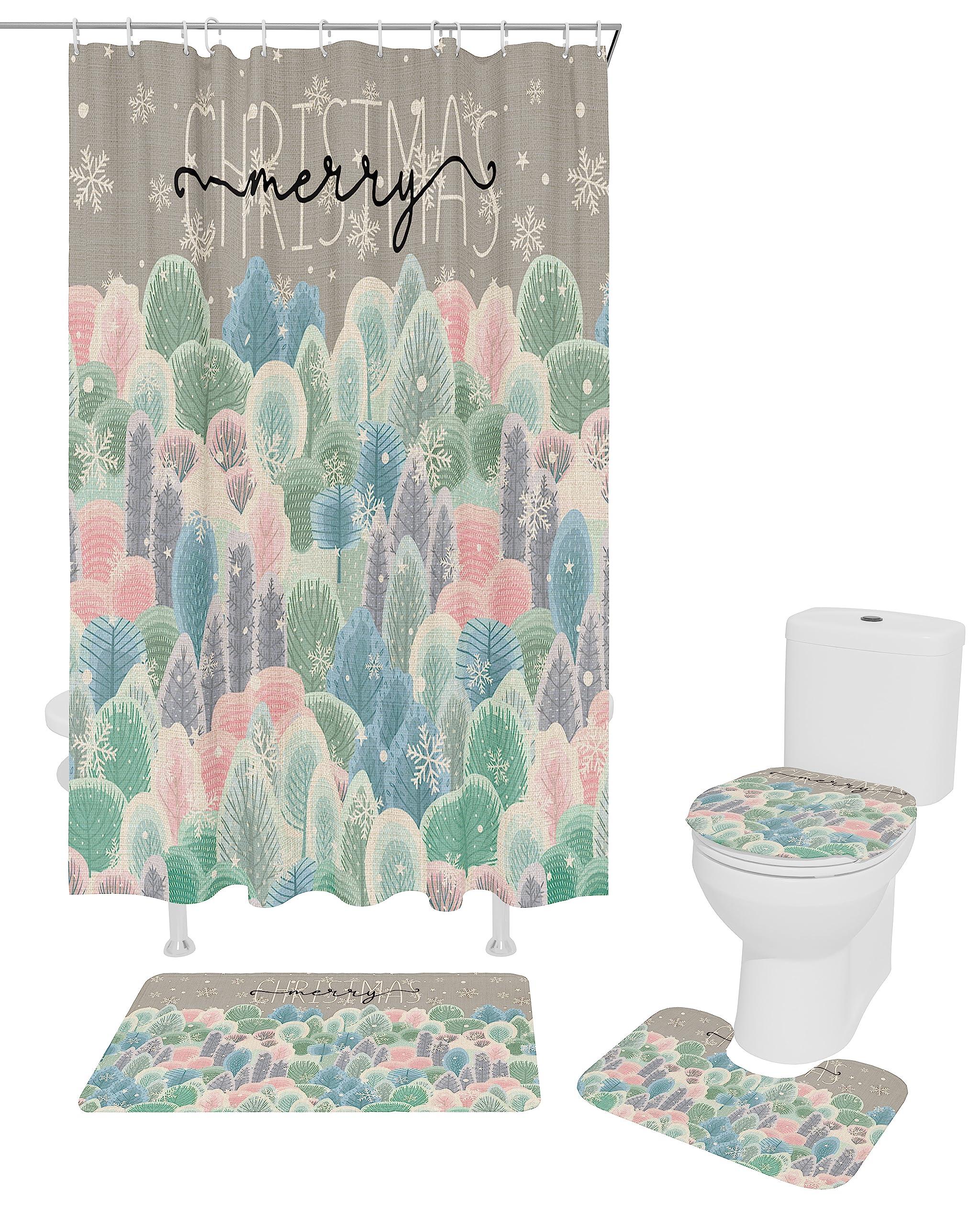 ZOE GARDEN Christmas Bathroom Set with Shower Curtain Rug Accessories,72x72 Inches Long Curtain with Large Bath Mat,Washable Floor Runner Rug Set,Hooks Winter Forest Snowy Xmas Rainbow Tree Snowflakes