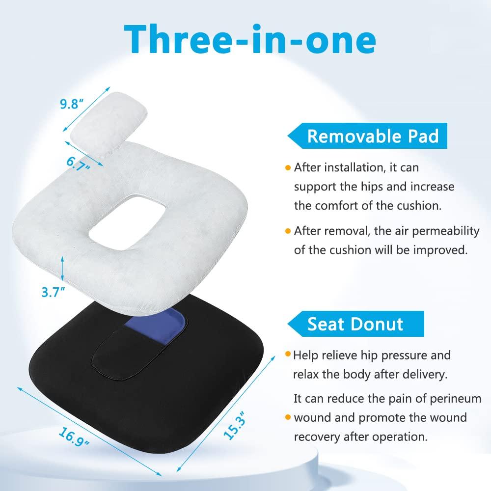 POWYS Donut Pillow Postpartum Cushion with Perineal Ice Packs Episiotomy Butt Pad for Sitting Tailbone Pain Relief Hemorrhoid Coccydynia Pregnancy Women After Birth Recovery Medical Care (3 in 1)