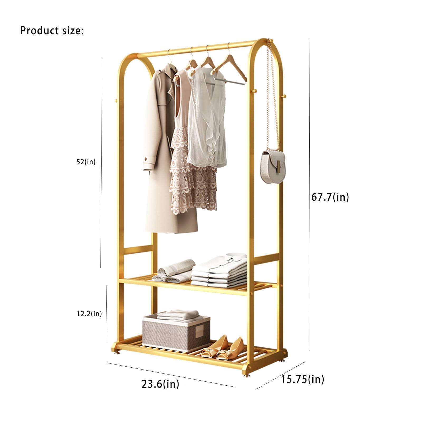 BUZUEY BUZUEY Gold clothing rack,Heavy duty clothes rack with bottom shelves,Small garment rack for hanging clothes,Wardrobe rack,hanging racks for clothes(L:23.6in)