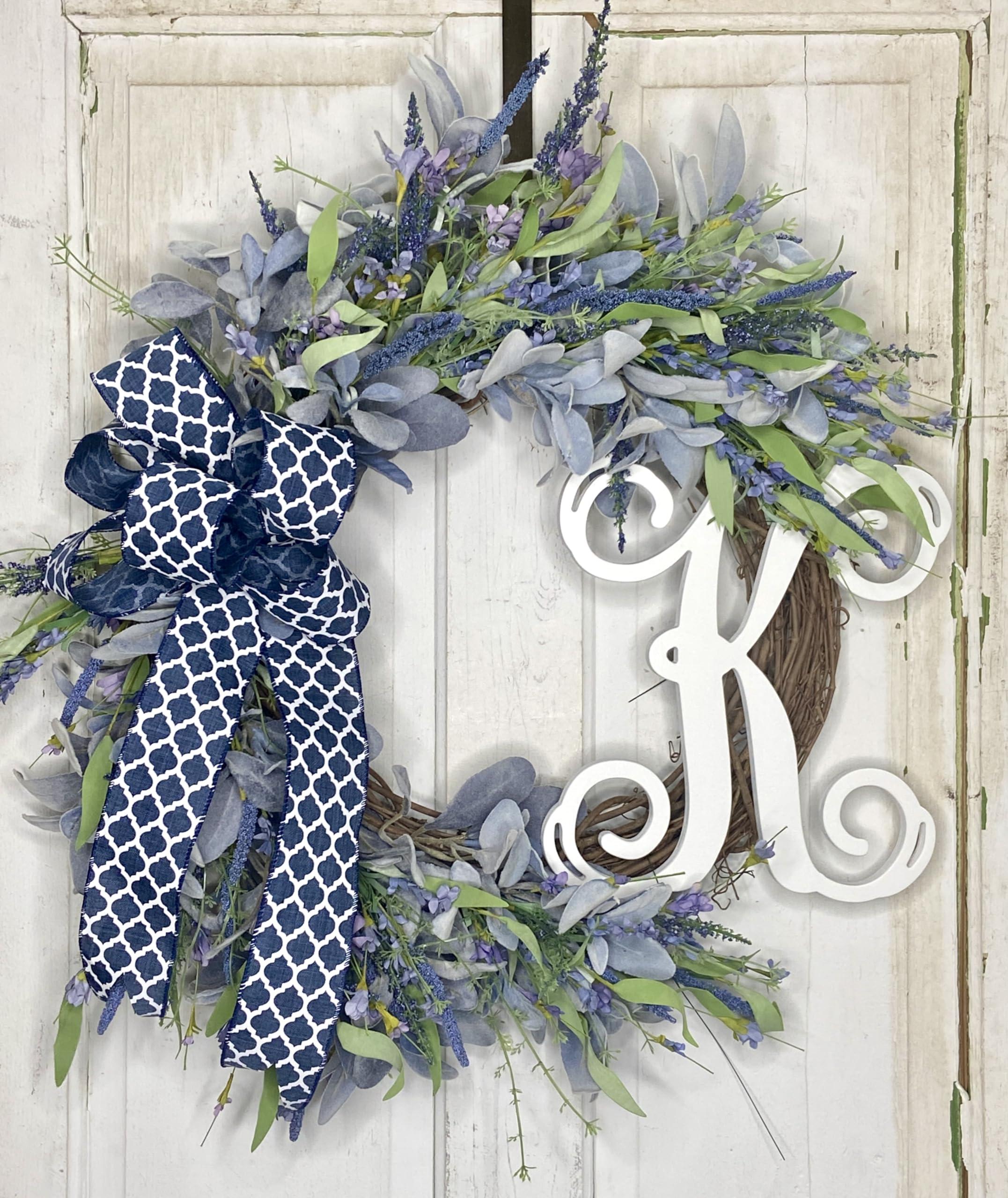 Generic Lavender and Lamb\'s Ear Monogram Initial Front Door Wreath with Choice of Bow on Grapevine Base-Handmade in the USA