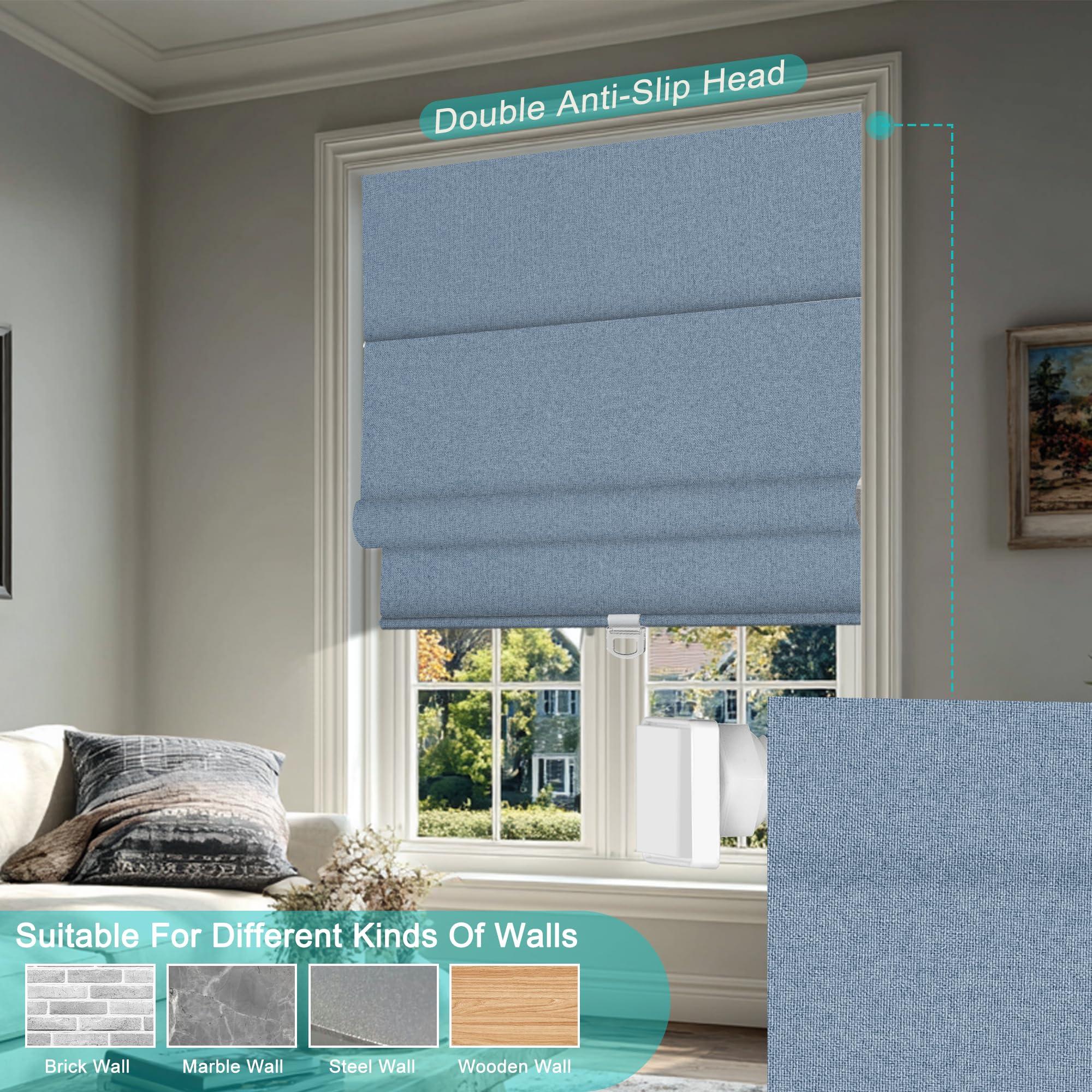 BERISSA BERISSA No Drill Cordless Roman Shades for Window, Blackout Roman Blinds Room Darkening Roll up Blinds Easy Install Linen Roman Window Shades for Inside Mount,35" W x 66" H,Jacquard Blue