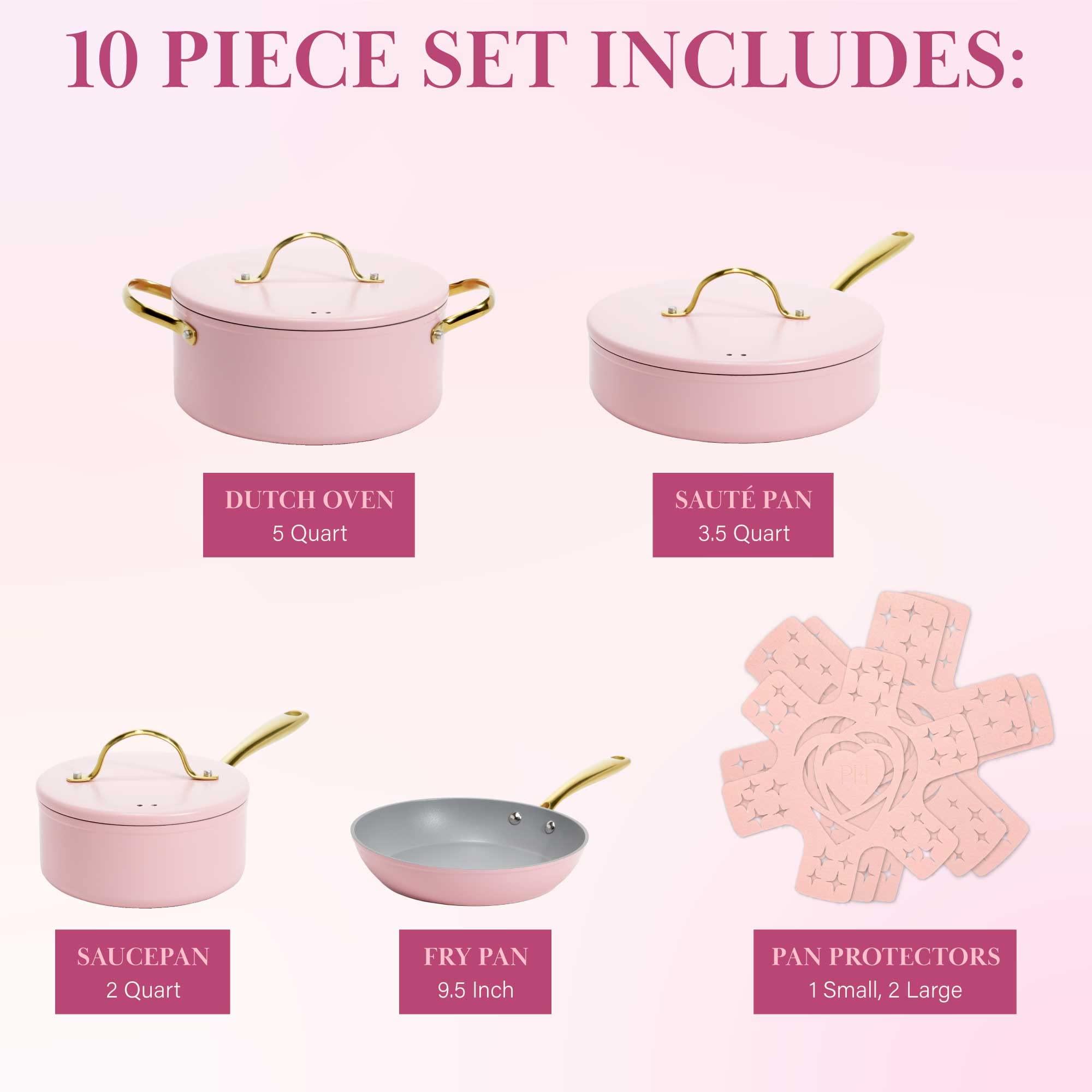 Paris Hilton Paris Hilton Iconic Nonstick Pots and Pans Set, Multi-layer Nonstick Coating, Matching Lids With Gold Handles, Made without PFOA, Dishwasher Safe Cookware Set, 10-Piece, Pink