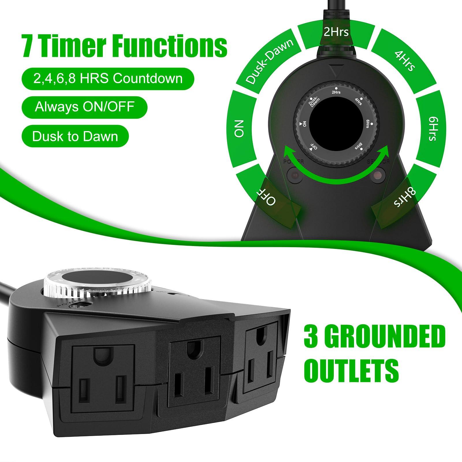 Brightown Outdoor Light Timer Waterproof, 24 Hours Plug in Timer with 2, 4, 6 or 8 Hours Countdown Mode, 3 Grounded Electrical Outlet for Outdoor Backyard Garden Patio Lights