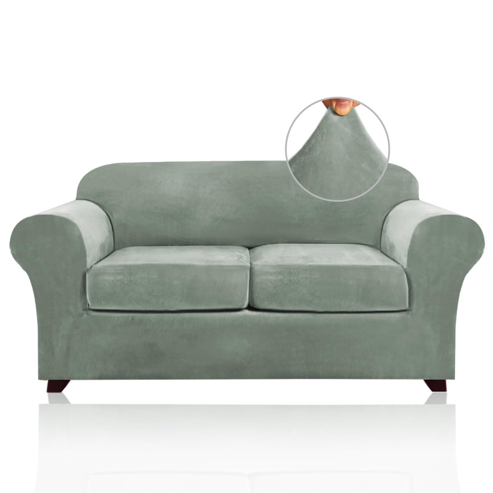 PrinceDeco PrinceDeco 3 Pieces Couch Covers Soft Velvet Couch Covers for 2 Cushion Sofa Loveseat Covers Width Up to 72 Inch Anti Slip Love Seat Furniture Protector, Machine Washable(Medium, Seagrass)