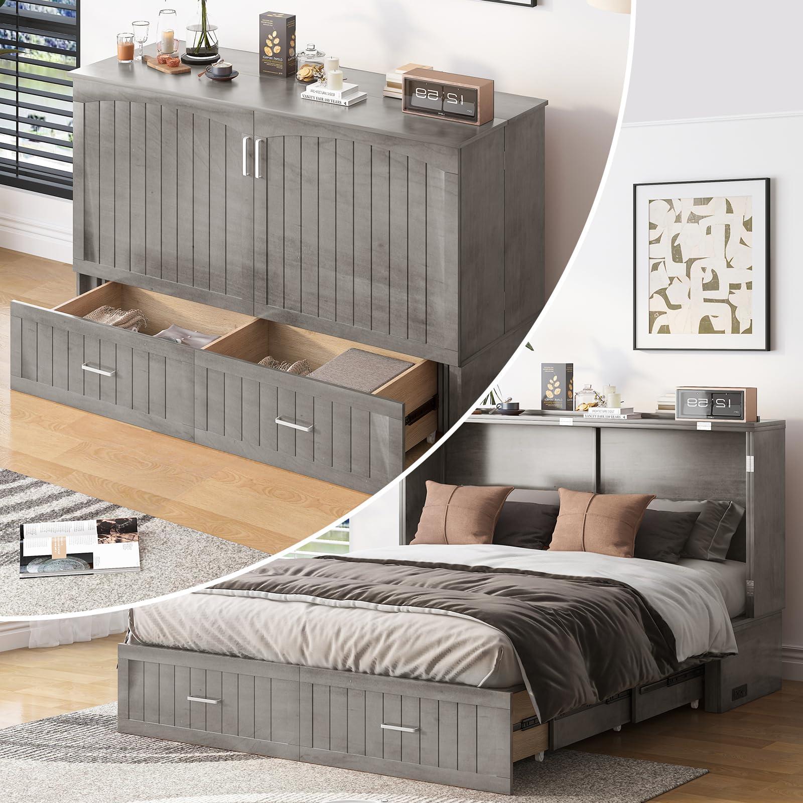 BALUS BALUS 64\" W Murphy Bed Cabinet with Mattress,Murphy Bed Queen,Modern Muti-Functional Cube Cabinet Bed 2 Large Drawers&3 Level Folding Foam Mattress for Living Room/Apartment/Loft (Stone Grey)