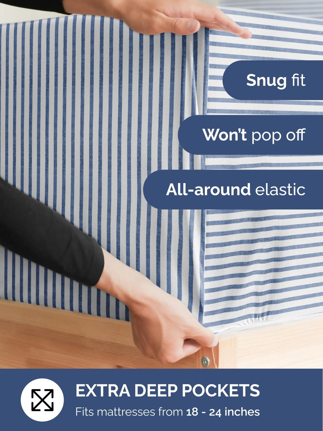 CGK Unlimited Extra Deep Split King Sheet Set - 7 Piece Breathable & Cooling Sheets - Hotel Luxury Bedding Set 18-24 Inch Extra Deep Pockets - Easy Fit, Soft, Wrinkle Free & Comfy - Blue Stripes, Split King Size