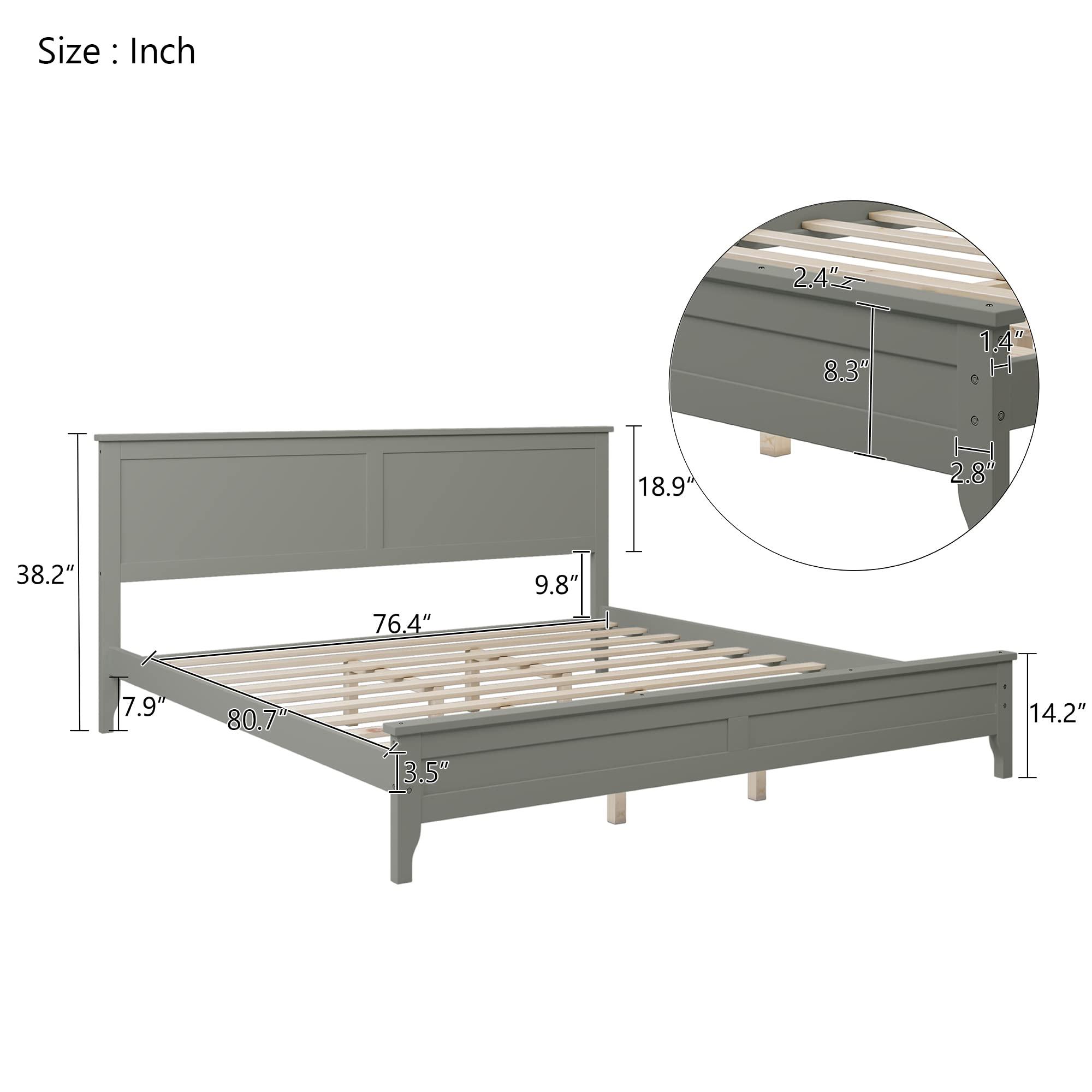 Voohek Solid Wood King Bed Frame, Platform Bed with Headboard, No Box Spring Needed, Removable Hardware, Tapered Wood Legs, Gray