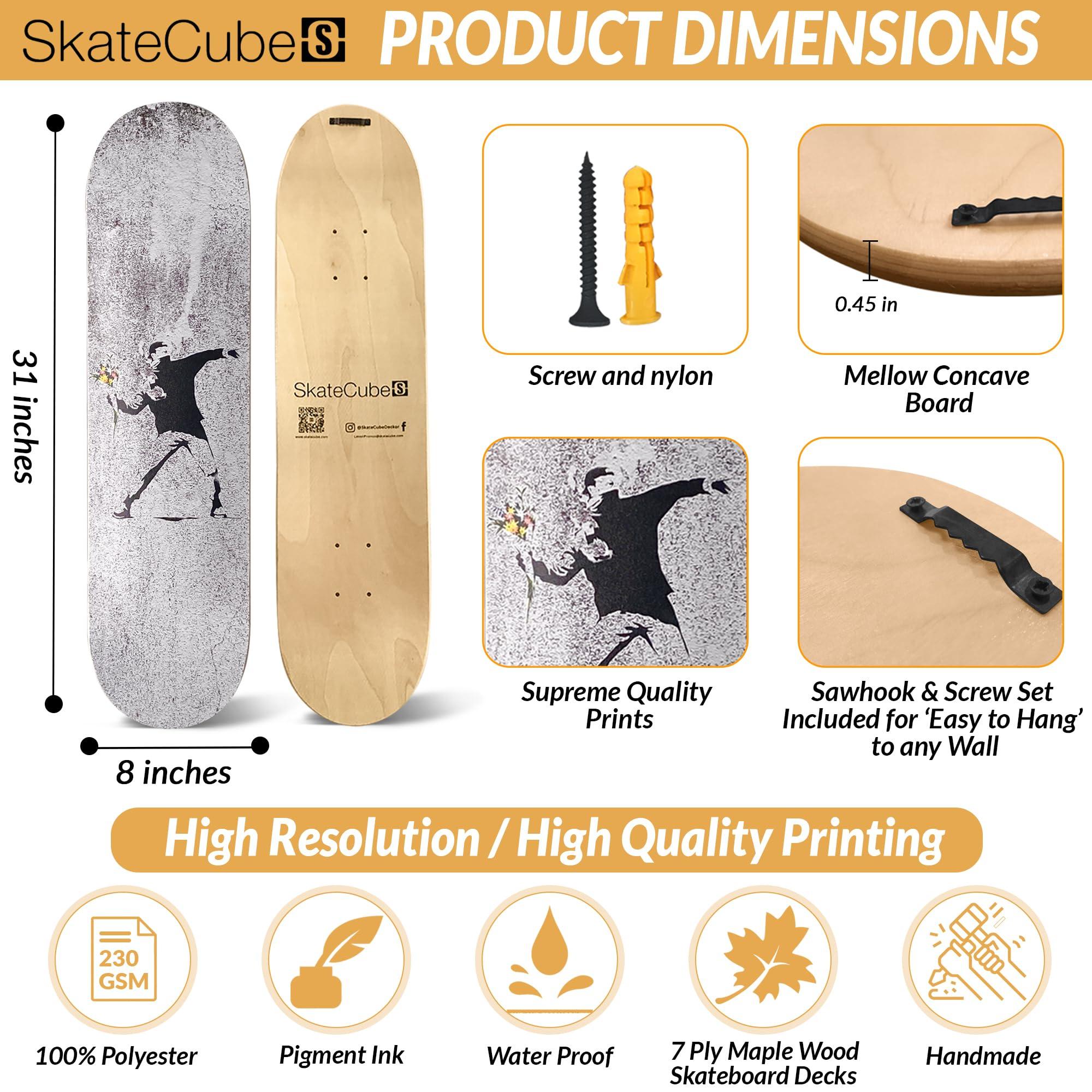 SkateCube Skateboard Canvas Wall Art Banksy Flower Thrower Art | 7 Ply Maple Wood Skateboard Deck | Graffiti Canvas Wall Art for Home Decor, Room Decor, Bathroom Wall Decor | Banksy Wall Art Canvas Large |