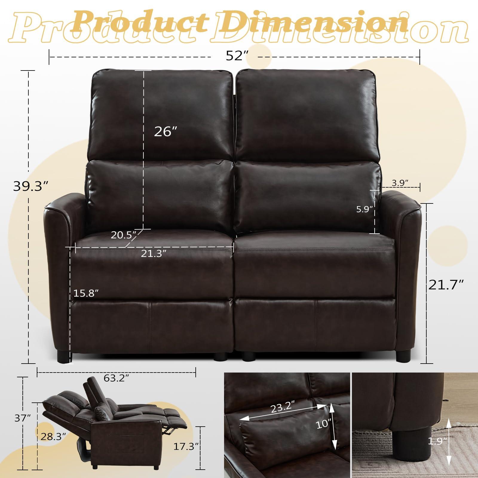 Houjud Houjud Manual Loveseat Recliner, 2 Seater Reclining RV Sofa Chair with Side Pockets/Lumbar Pillow, Faux Leather Double Pushback Recliner Loveseat Sofa Chair for Living Room (Red Brown)