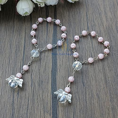 WE WE 24 Pcs Pink Mini Rosary baptism First Communion Favors with Angels for Girl Recuerdos de Bautizo Finger Rosaries Silver Plated