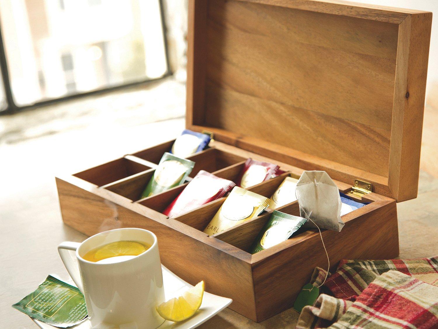 Ironwood Gourmet Ironwood Gourmet Rectangular Vauxhall Double Tea Box, Acacia Wood,Brown, 10 Compartment