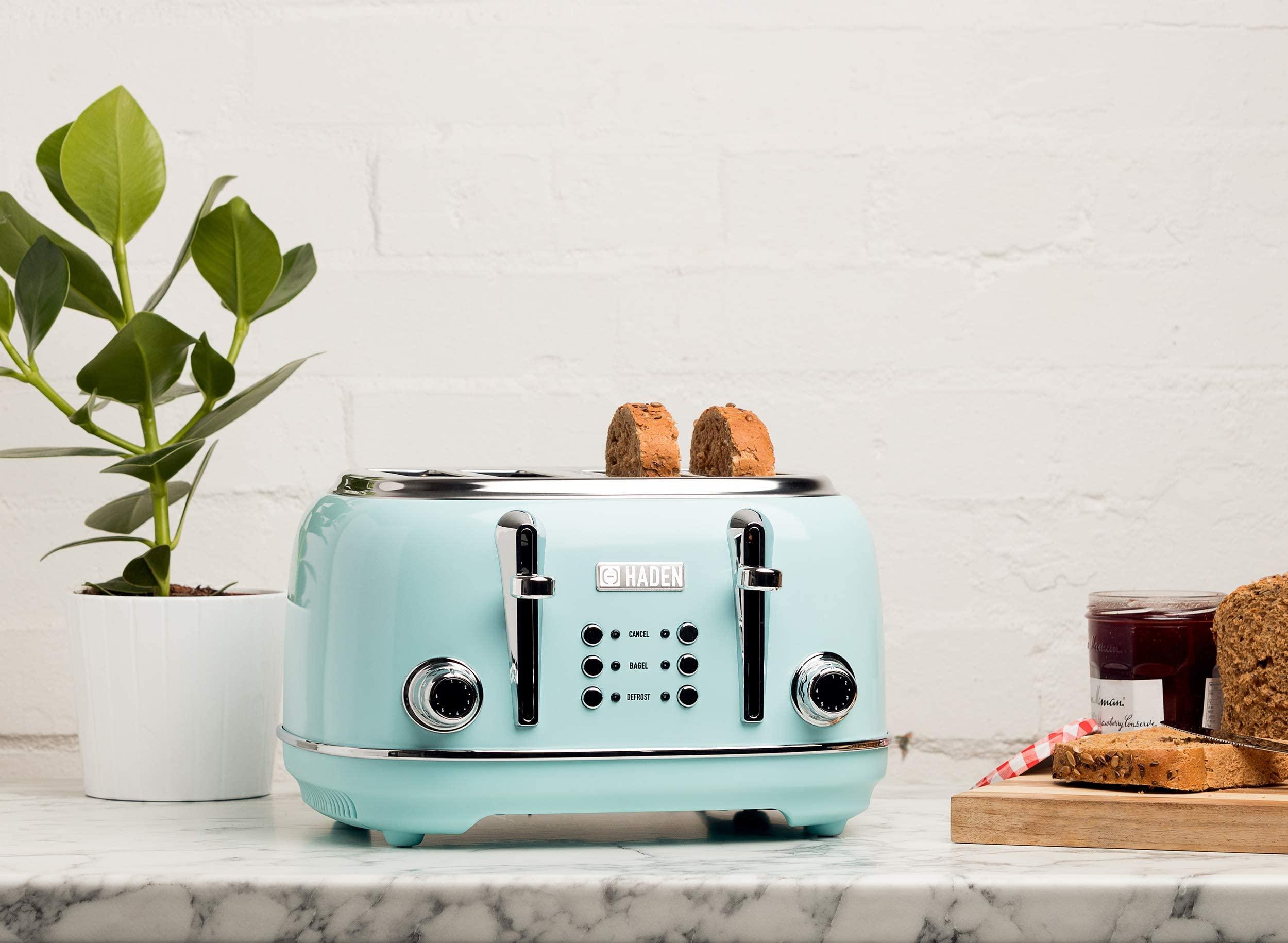 HADEN Haden Heritage 4 Slice Wide Slot Stainless Steel Toaster with Adjustable Browning Control & Non-Slip Feet, Turquoise & Chrome