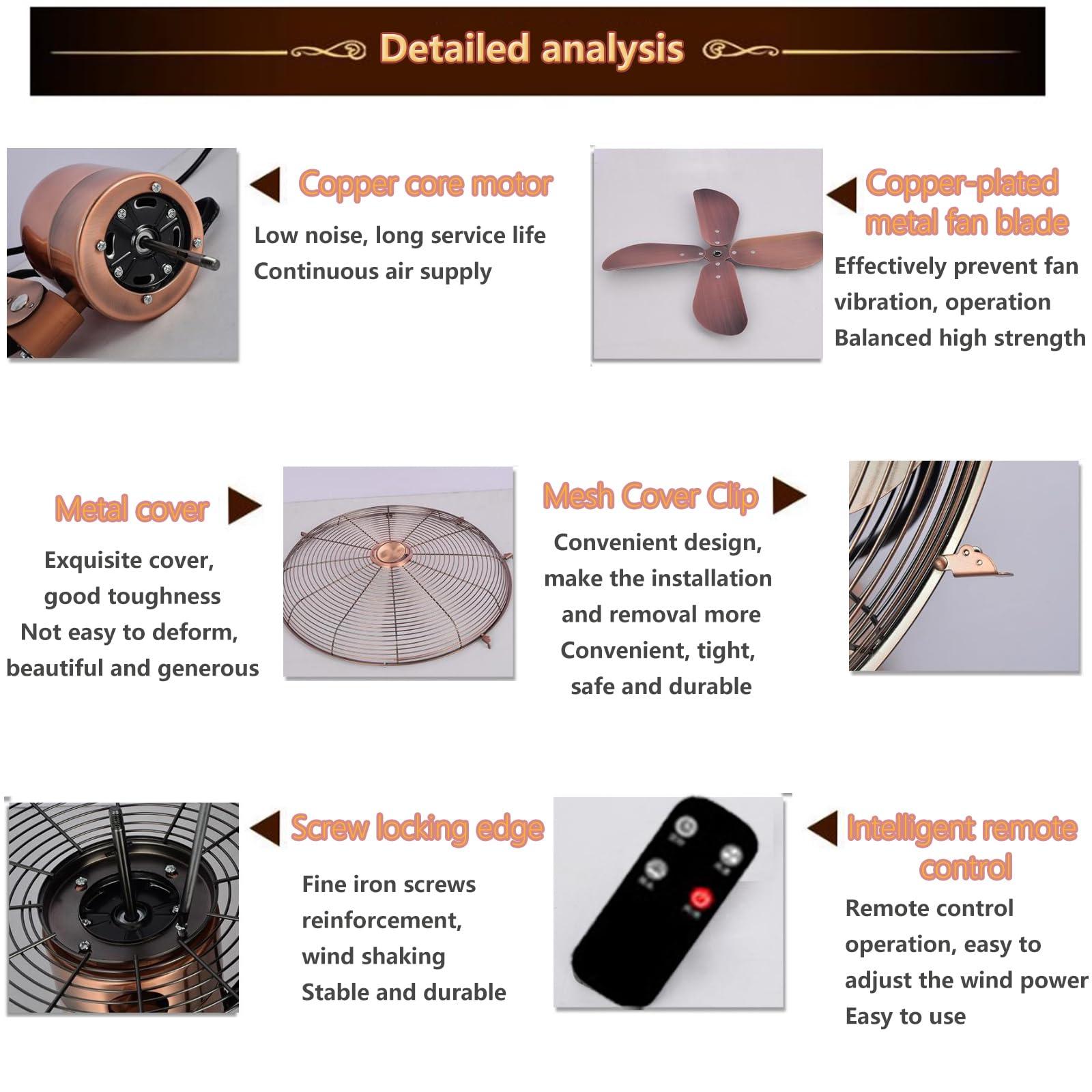 Topjia Metal Retro Wall Fan,3 Speed Mechanical / Remote Control Wall-mounted Fan,Left and right oscillating head wall mounted fan for Industrial,Commercial,Residential (18 inch, Red bronze remote control)