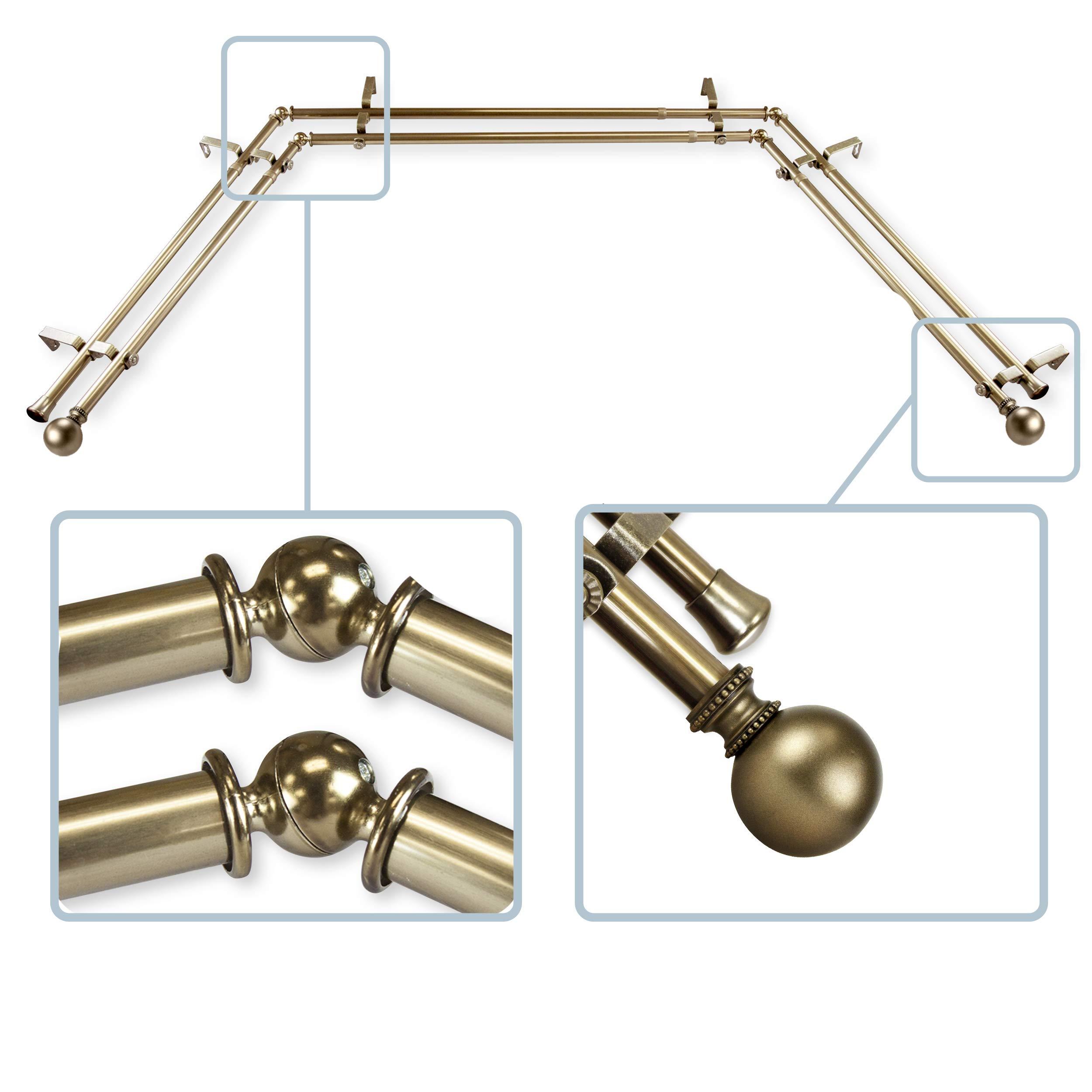 Rod Desyne Rod Desyne 13/16" Jodi Bay Window Double Curtain Rod, 20-36", 38-72", Antique Brass