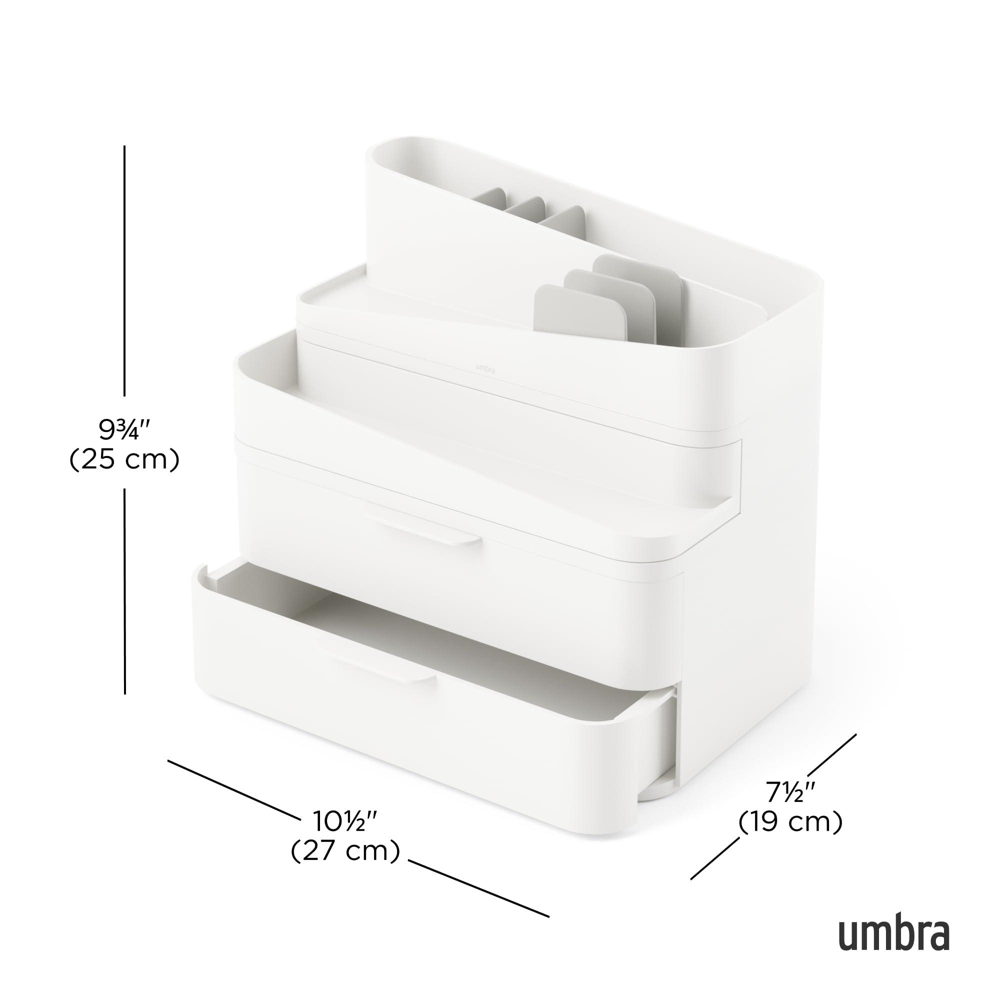 Umbra Umbra Glam Organizer, Large Cosmetic and Makeup Organizer with Three Drawers, Rubber Feet and Removable Dividers, White/Grey