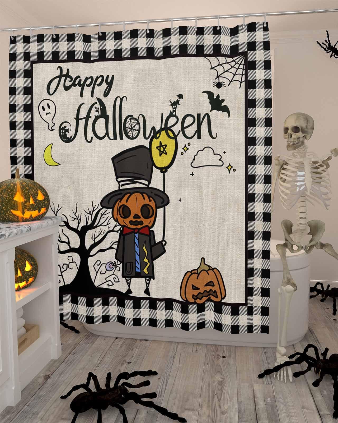 Prime Leader Halloween Shower Curtain for Bathroom Happy Halloween Pumpkin Skull Farmhouse Buffalo Plaid Waterproof Shower Curtain Set with 12 Hooks Washable Shower Curtains for Bathtubs Hotel 36\" x 78\"