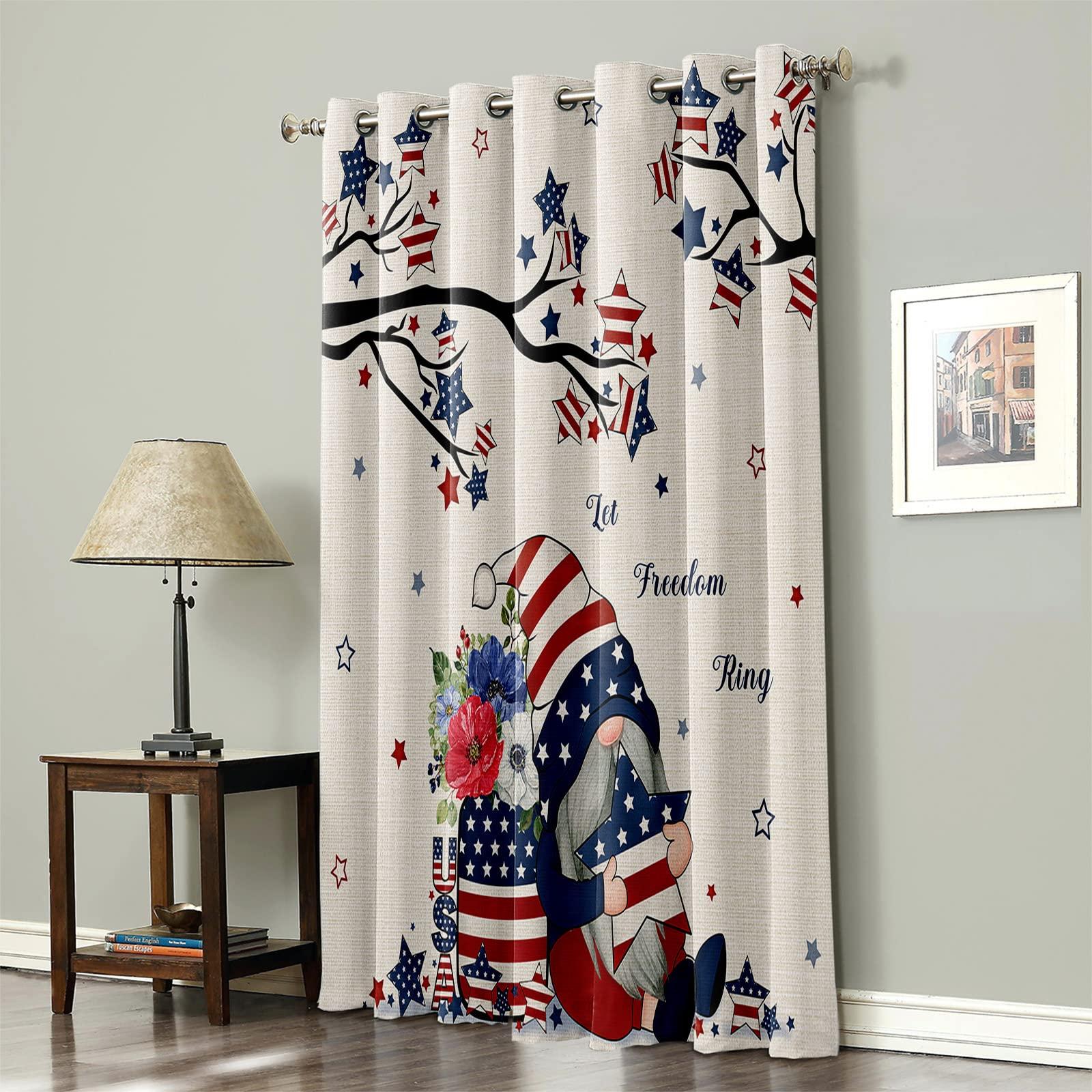 Tersuger Blackout Curtain 36 Inch Length,4th of July Patriotic Independence Day Gnome USA Flag Star Tree Window Curtain Grommet Room Darkening Curtain Thermal Insulated Drapes for Living Room Bedroom,1 Panel
