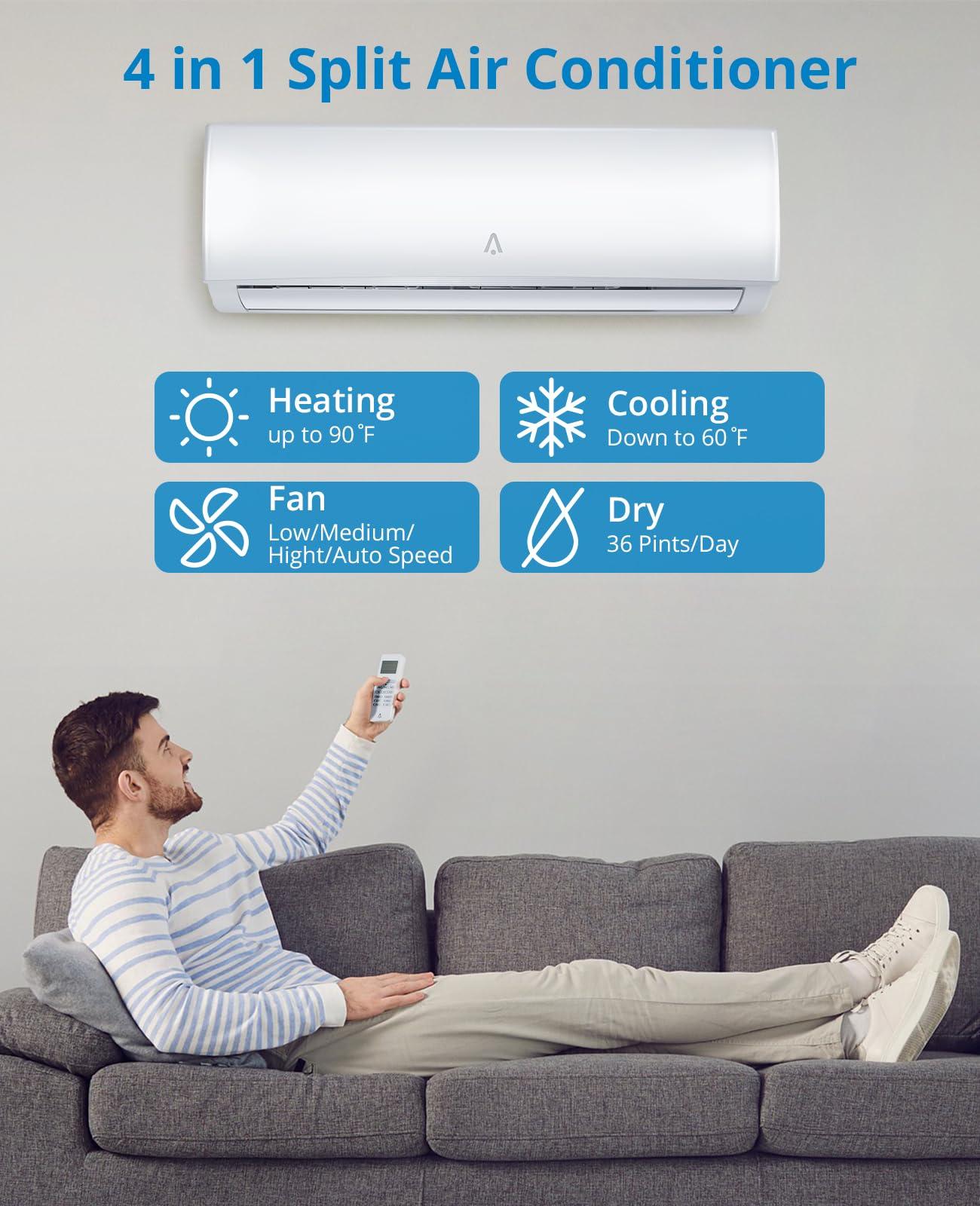 Litake Litake 18,000 BTU Split Air Conditioner, Split AC/Heating System 19 SEER Split-System Air Conditioner Inverter, Cooling up to 1250 Sq.Ft, Wall Mount Ductless Mini Split A/C, Full Installation Kit