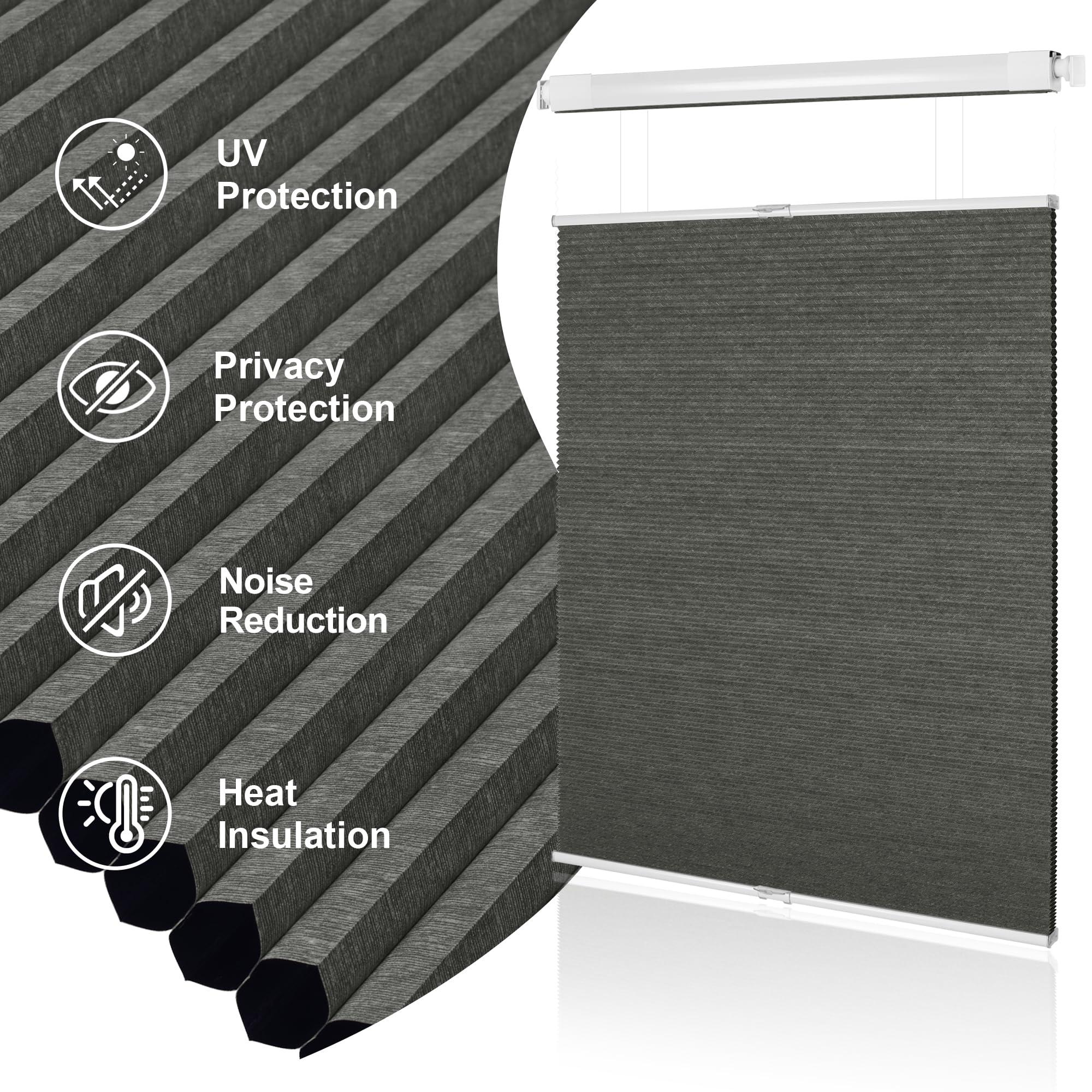 BERISSA BERISSA Top Down Bottom Up Cellular Shades No Tools No Drill Blinds for Windows Stripe Jacquard Fabric Cordless shades for Indoor Windows Easy to Install Cellular Blinds For Office(24.5"W x 56"H)Gray