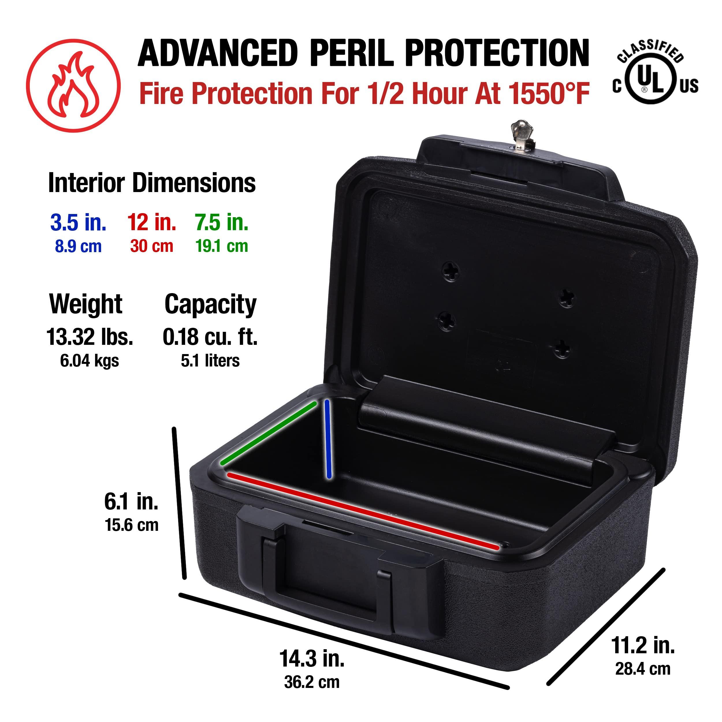 SentrySafe SentrySafe Fireproof Money Safe with Key Lock, Black Lock Box with Portable Carrying Handle for Travel, Exterior: 14.3 in. W x 11.2 in. D x 6.1 in H, 1200