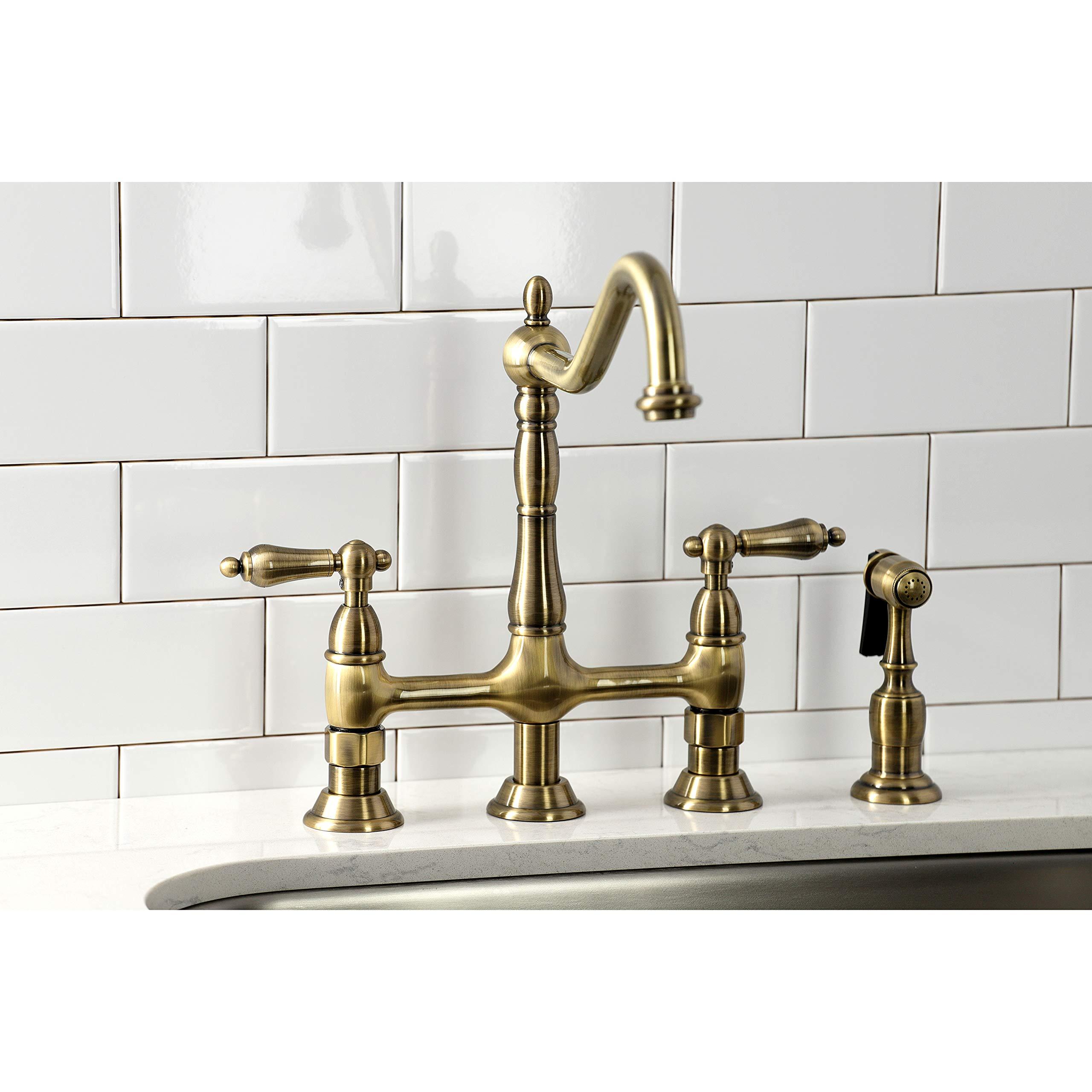 Kingston Brass Kingston Brass KS1273ALBS Heritage 8-Inch Kitchen Bridge Faucet with Brass Sprayer, Antique Brass