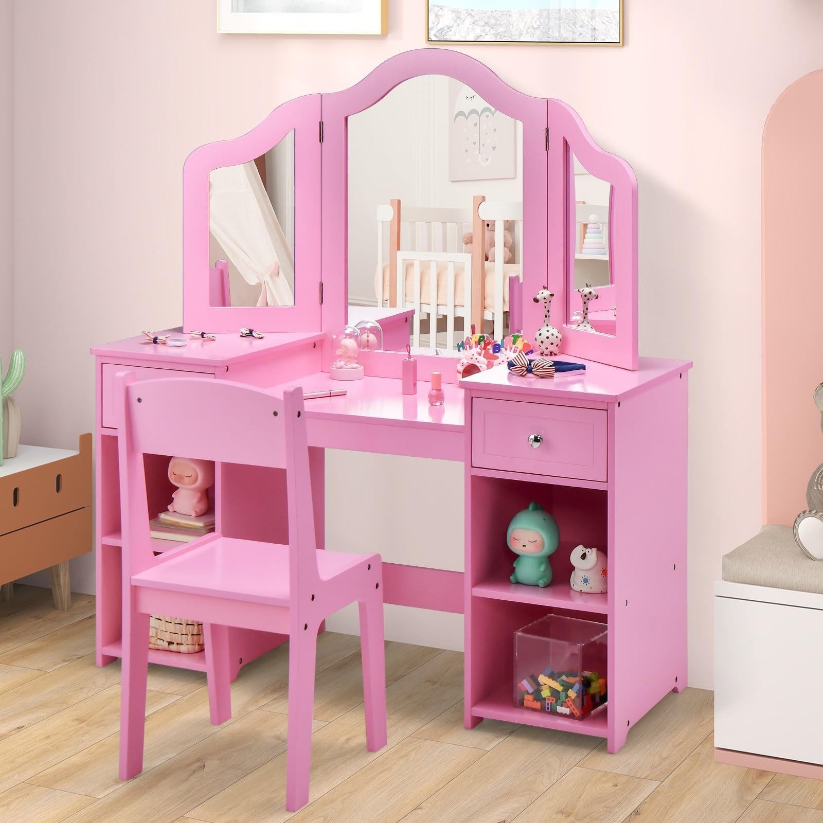AKUSTIK AKUSTIK Kids Vanity, 2 in 1 Wooden Princess Makeup Table and Chair for Toddlers with Tri-Folding Detachable Mirror, Storage Drawers for Little Girls, Pretend Beauty Dressing Desk Play Set Toy Gift