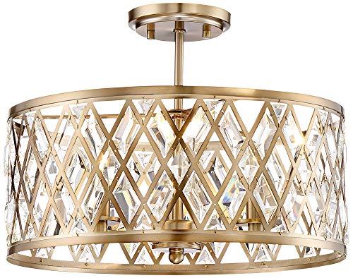 Possini Euro Design Possini Euro Design Tanz Modern Ceiling Light Semi Flush-Mount Fixture 16 1/2\" Wide Satin Brass 3-Light Clear Glass Crystal Drum Frame for Bedroom Kitchen Living Room Hallway Dining Bathroom House