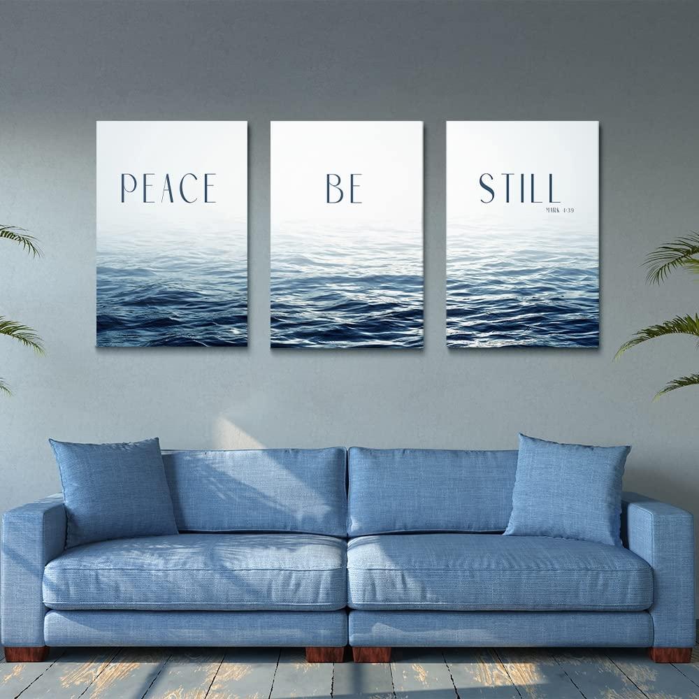 SKYSUKEY SKYSUKEY Modern Blue Ocean Canvas Wall Art Christians Wall Art Scripture Wall Decor \"Peace! Be Still! Mark 4:39\" Inspirational Bible Verse Wall Art Calmful Pictures Calm Sea Canvas Prints Seascape Canvas Prints Framed,Set 3,24\"x36\"