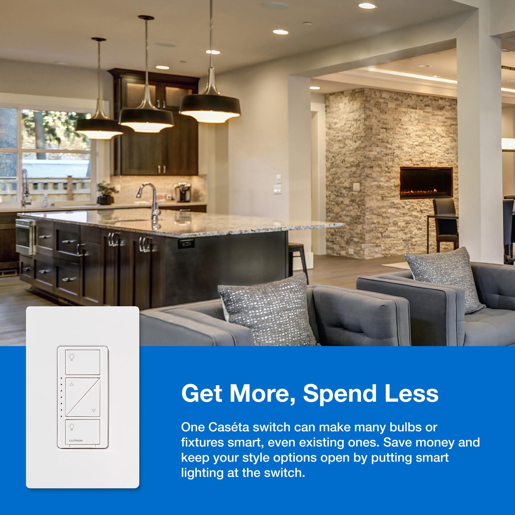 Lutron Lutron Caseta Smart Lighting Original Dimmer Switch, for Light Bulbs, Works w/ Alexa, Apple Homekit, Google Home (Hub Required), 150W Single-Pole/3-Way, No Neutral Required, PD-6WCL-WH, White
