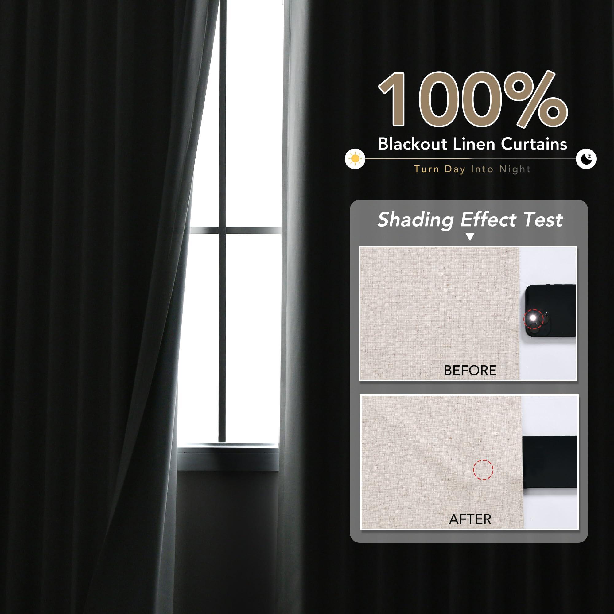 Nanspring 100% Blackout Linen Curtains for Bedroom Thermal Insulated Grommet Complete Blackout Drapes 84 Inch Length 2 Panels Set Heat and Full Light Blocking Living Room Darkening Curtains Earthy Tone Beige