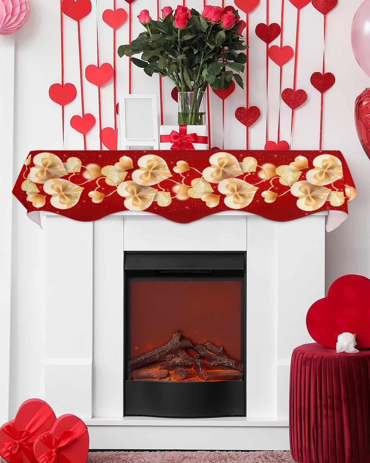 ALAGEO Mantel Scarf Gold Red Valentines Day Fireplace Mantel Scarf Cover Love Heart Bow Tie Fireplace Cloth Table Runner Decoration for Home Living Room Valentine\'s Day, Wedding, Anniversary 60 x 17 in
