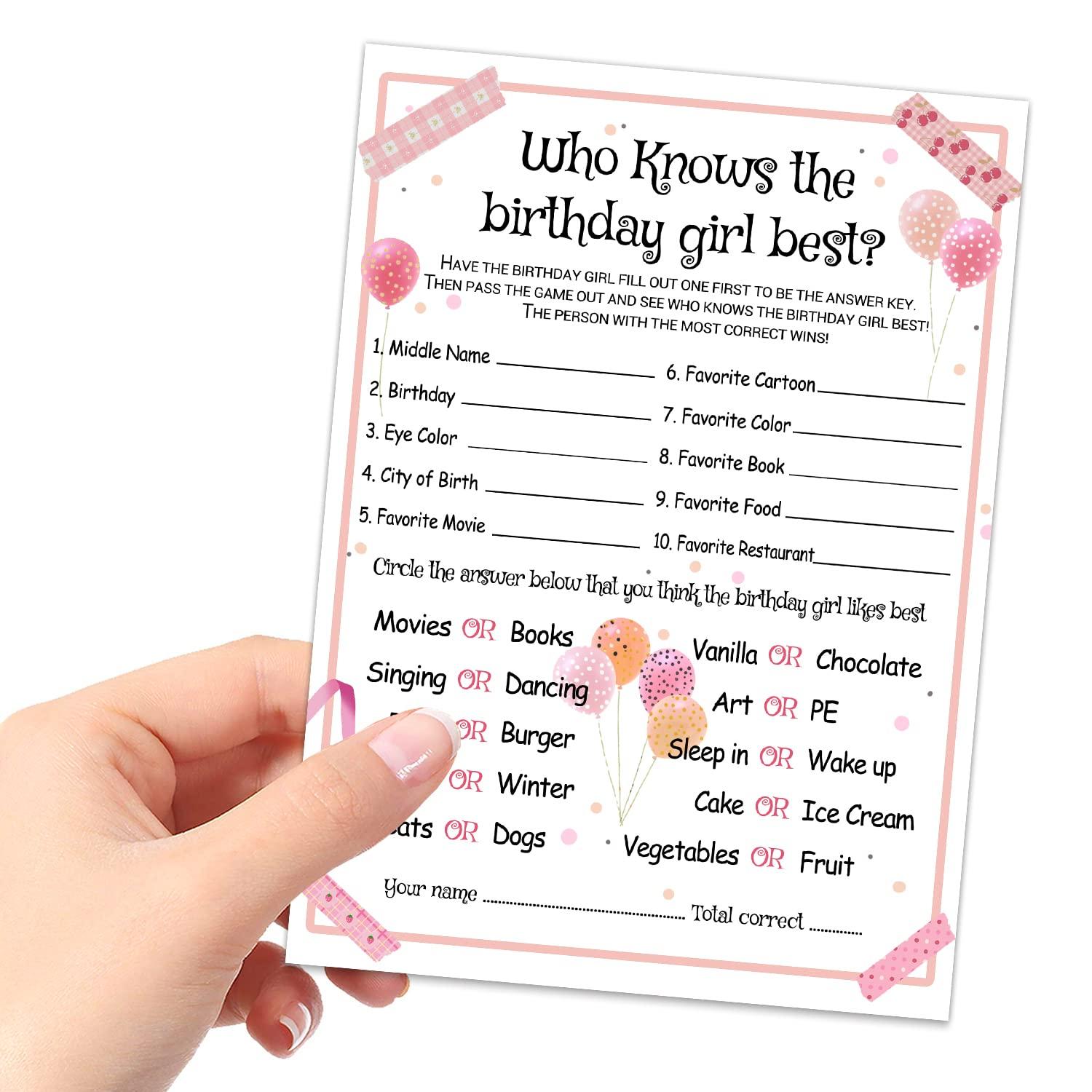 ALodr Who Knows The Birthday Girl Best - Birthday Girl Party Game - Girl Birthday Party Activity Notebook Themed Party Activity and Idea - Girl Birthday Supplies, Activity, Decorations - 20 Game Cards