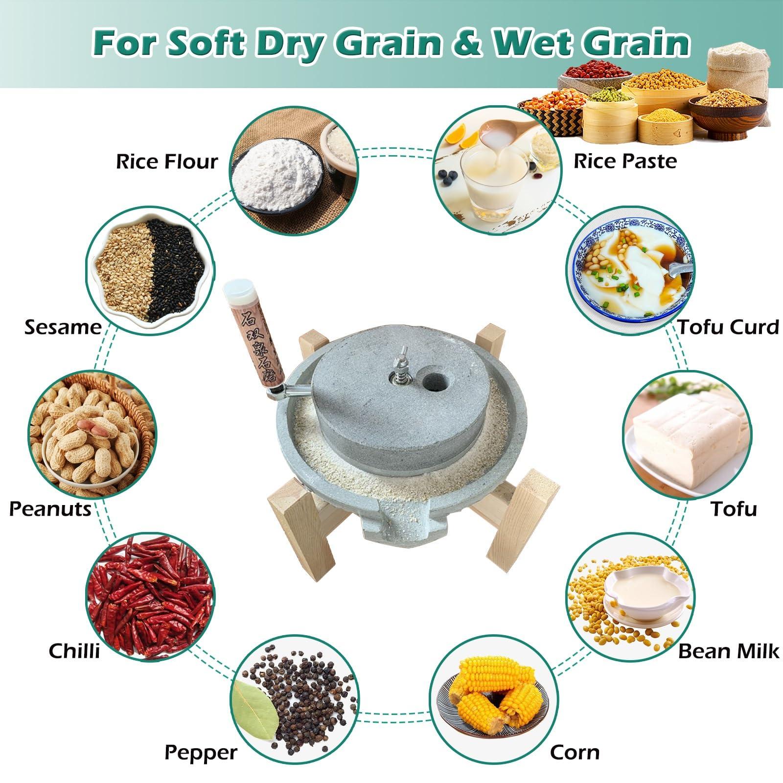 MZZKFC Natural Granite Stone Mill Grinder, Hand Wheat Nutmeg Paste Mill, Dry/Wet Bean Pulverizer Grain Grinder, Classic Stone Ornament with Wooden Frame