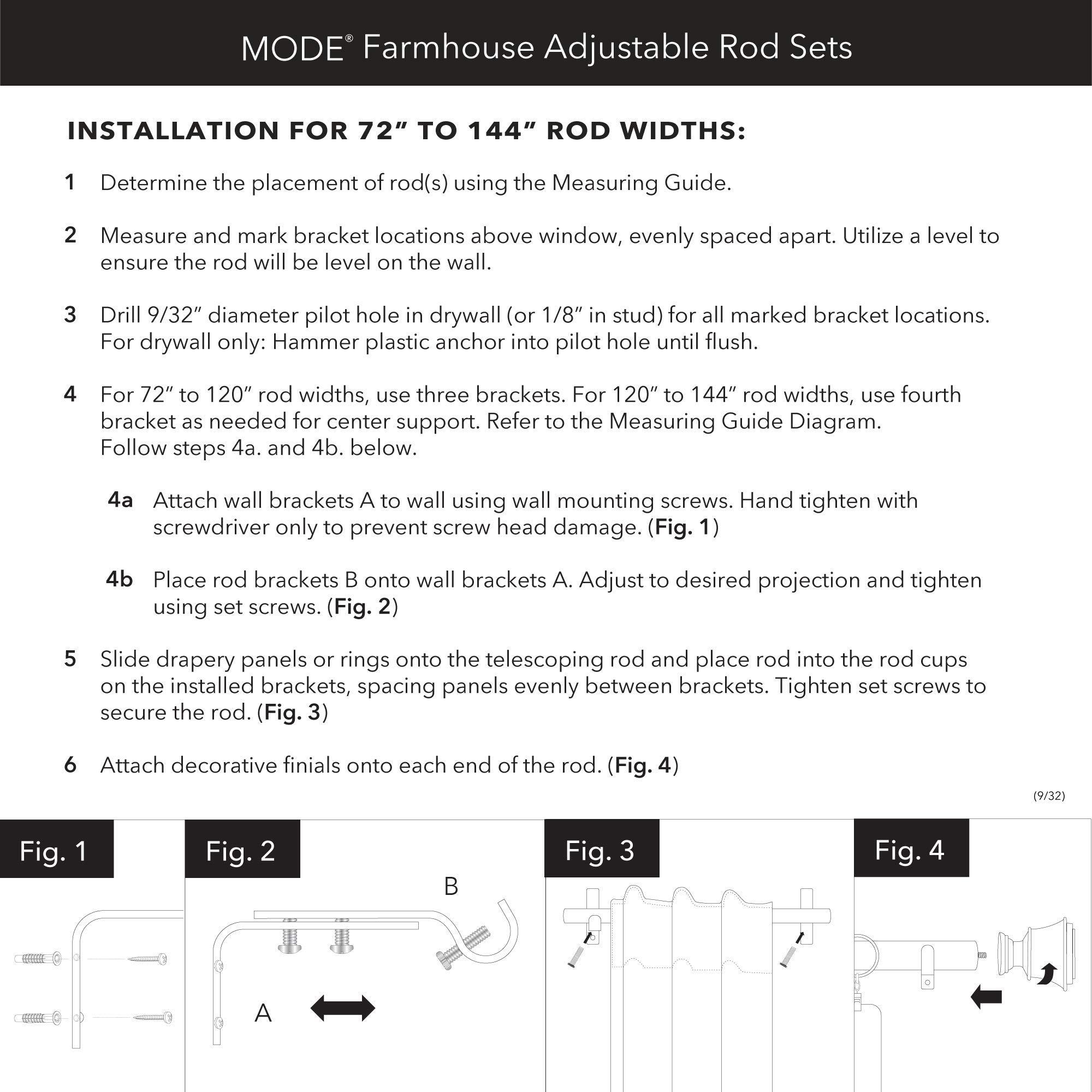 MODE MODE Farmhouse Collection 1 1/8" Diameter Curtain Rod Set with Cottage Square Curtain Rod Finials and Steel Wall Mounted Adjustable Curtain Rod, Fits 72 to 144 Windows, Weathered Black